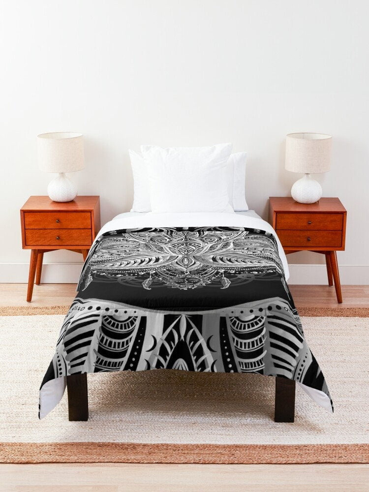 Black & White Lotus Comforter or Duvet Cover sacred geometry bedding boho bedding comforter feathers comforter spiritual bedding