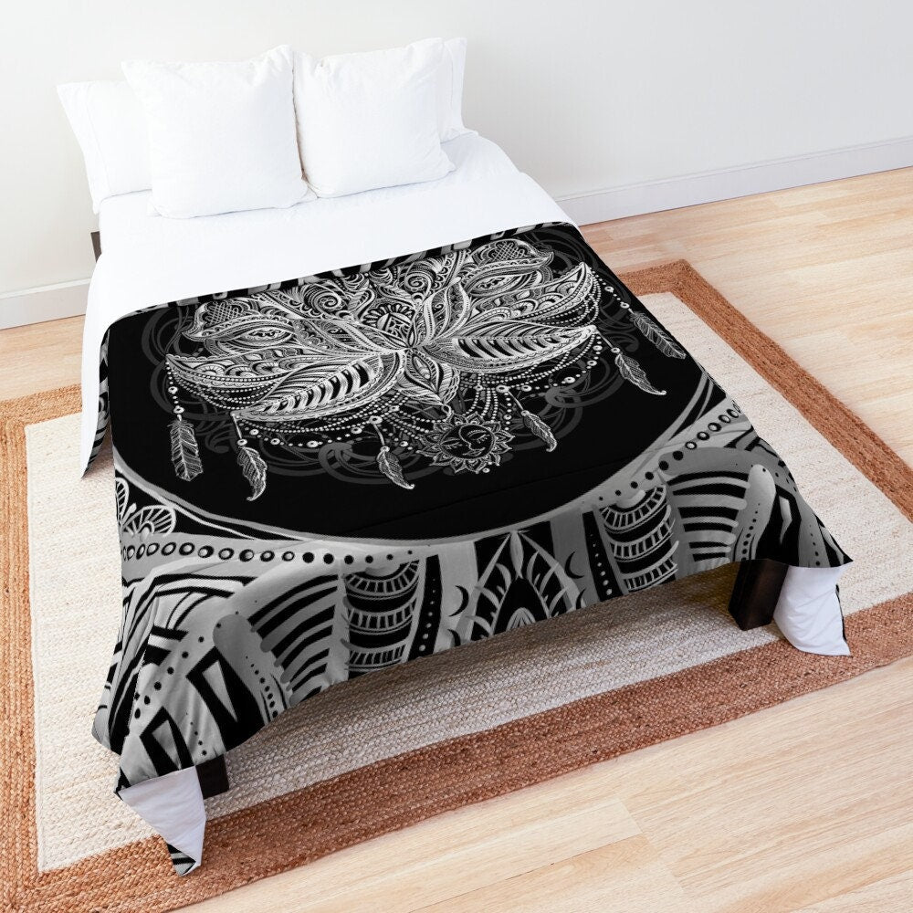 Black & White Lotus Comforter or Duvet Cover sacred geometry bedding boho bedding comforter feathers comforter spiritual bedding