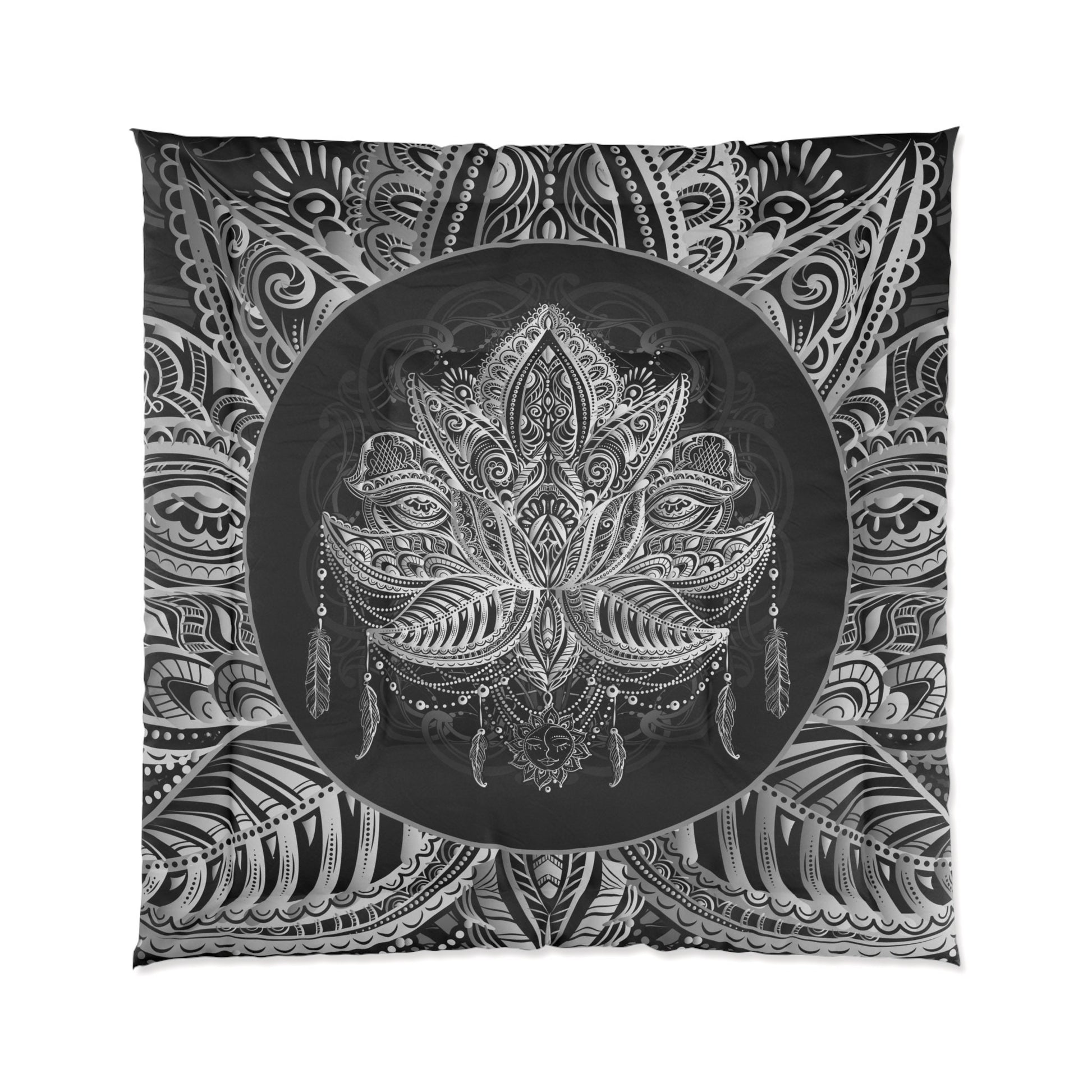 Black & White Lotus Comforter or Duvet Cover sacred geometry bedding boho bedding comforter feathers comforter spiritual bedding