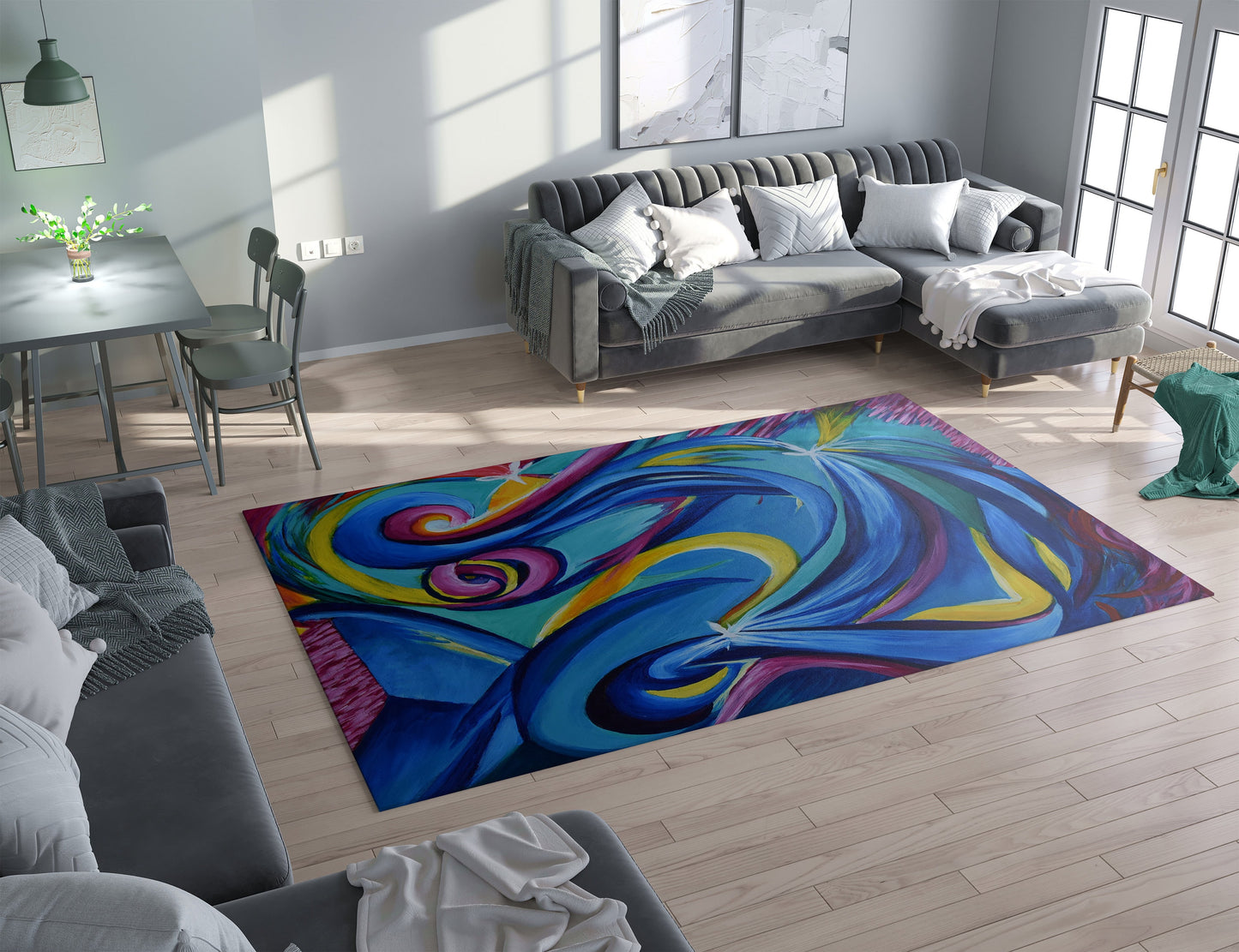 Colorful Abstract Rug Art Rug blue yellow pink Rug 3x5 4x6 5x7 8x10 Large rugs modern art
