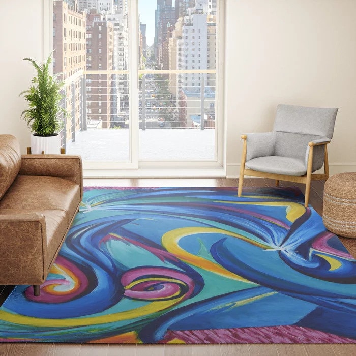 Colorful Abstract Rug Art Rug blue yellow pink Rug 3x5 4x6 5x7 8x10 Large rugs modern art