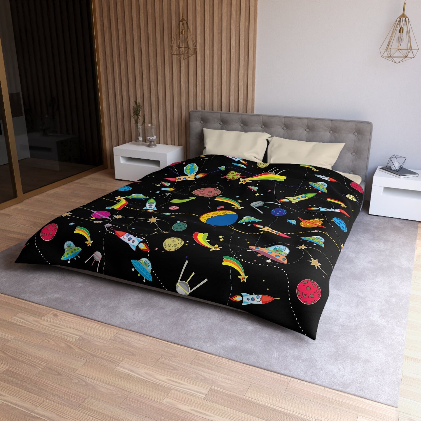 Space Comforter or Duvet Cover girls boys bedding kids duvet childrens comforter black comforter spaceship comforter space decor planets bed