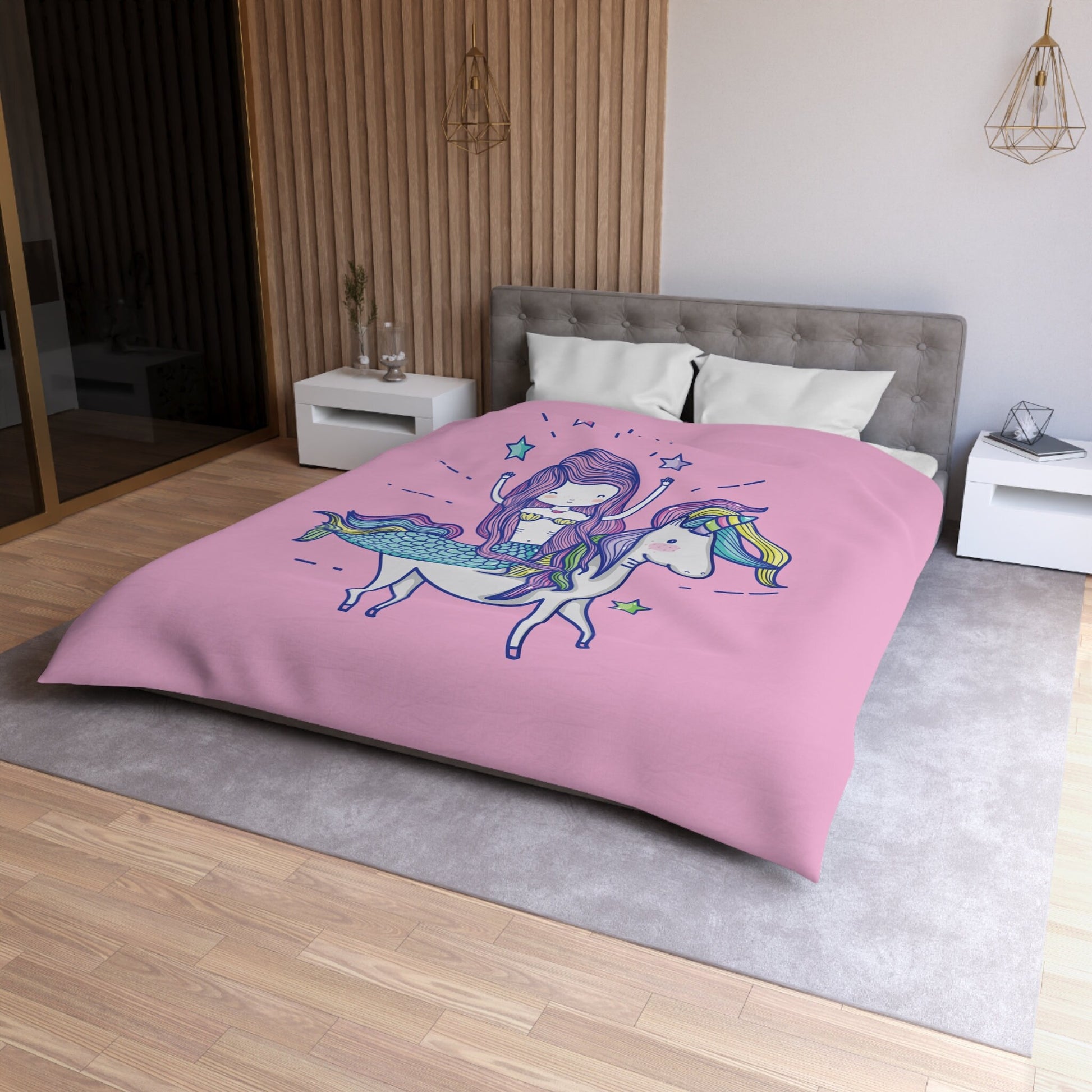 Pink Mermaid riding Unicorn Comforter or Duvet Cover girls bedding pink bedding unicorns comforter girly duvet kids comforter unicorn decor