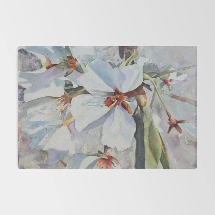 White Magnolia Flower Rug pastel floral Rug botanical Rugs whites neutral blue Floor Rug florals Rugs 3x5 4x6 5x7 5x8 8x10 9x12 Large rug