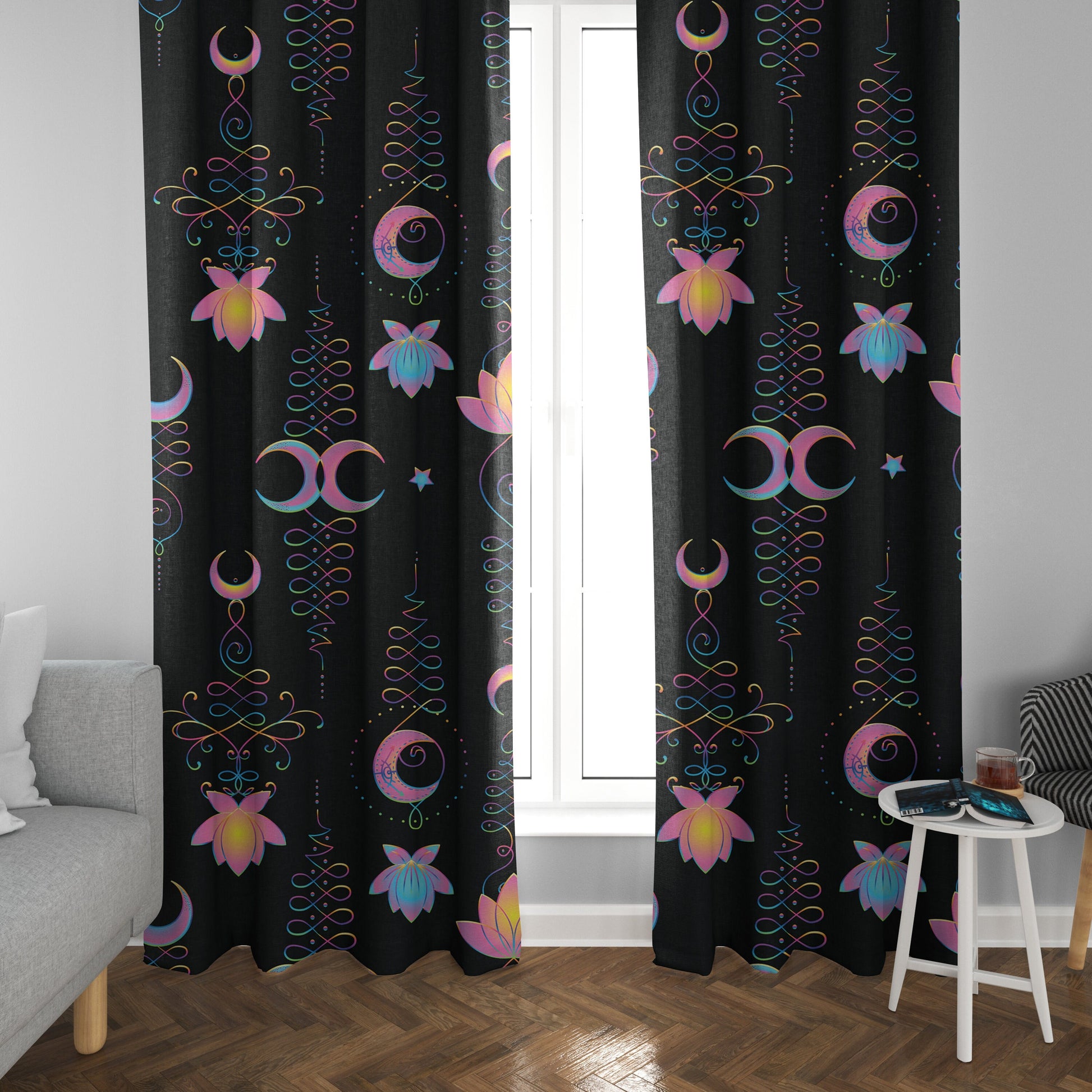 Unalome Lotus Flower Window Curtain colorful Drapery Curtain Panels black pink window treatment curtains
