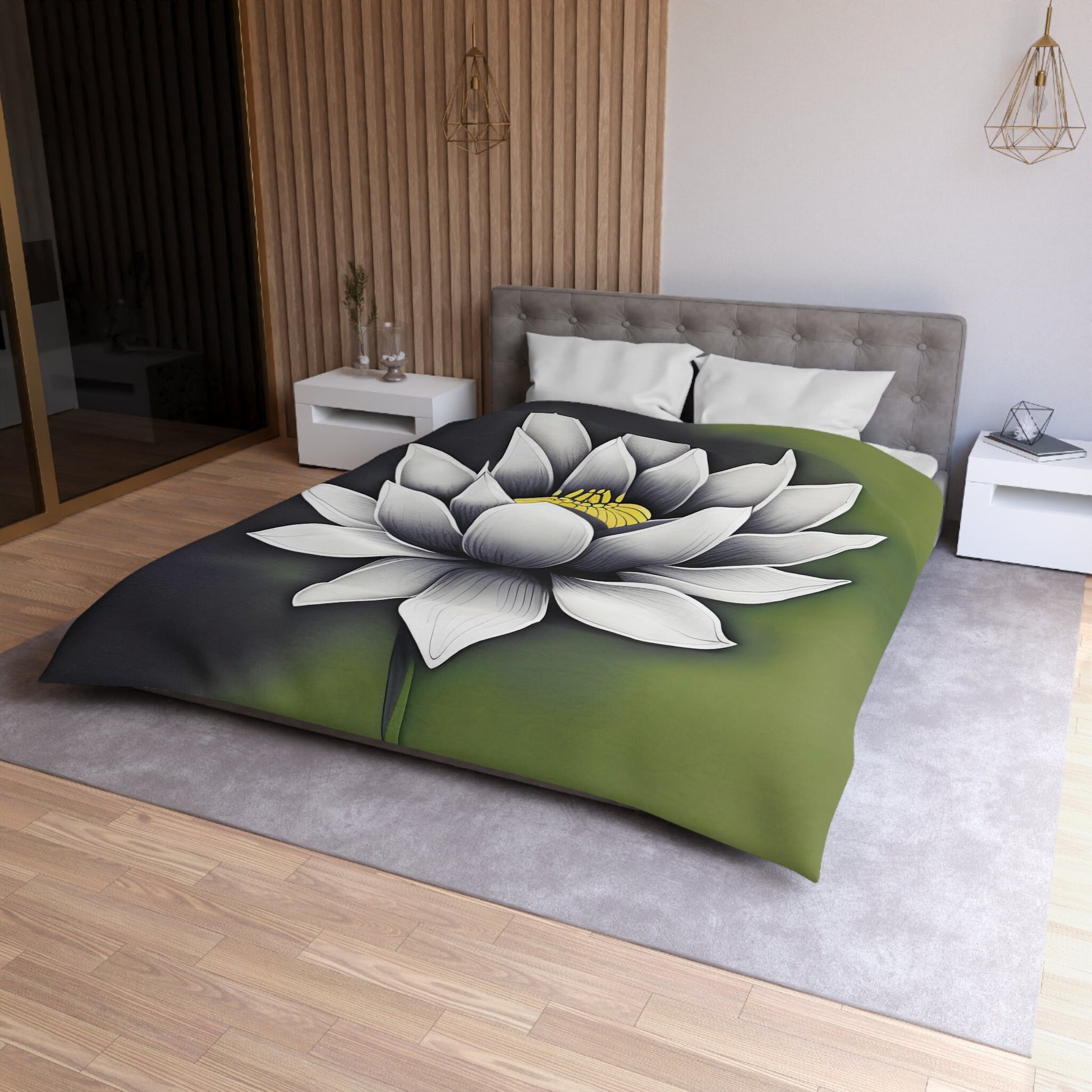 Lotus Comforter or Duvet Cover white lotus flower bedding sage green floral bedding zen comforter
