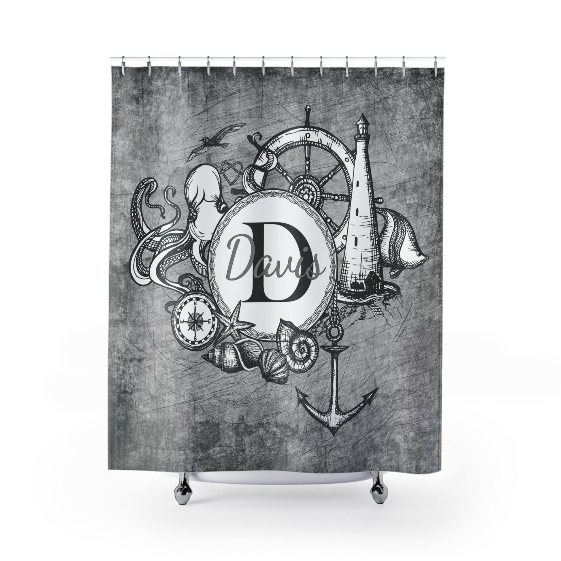 Nautical Grey Custom Name Shower Curtain personalized beach grunge weathered gray shower curtains tropical beachy bath