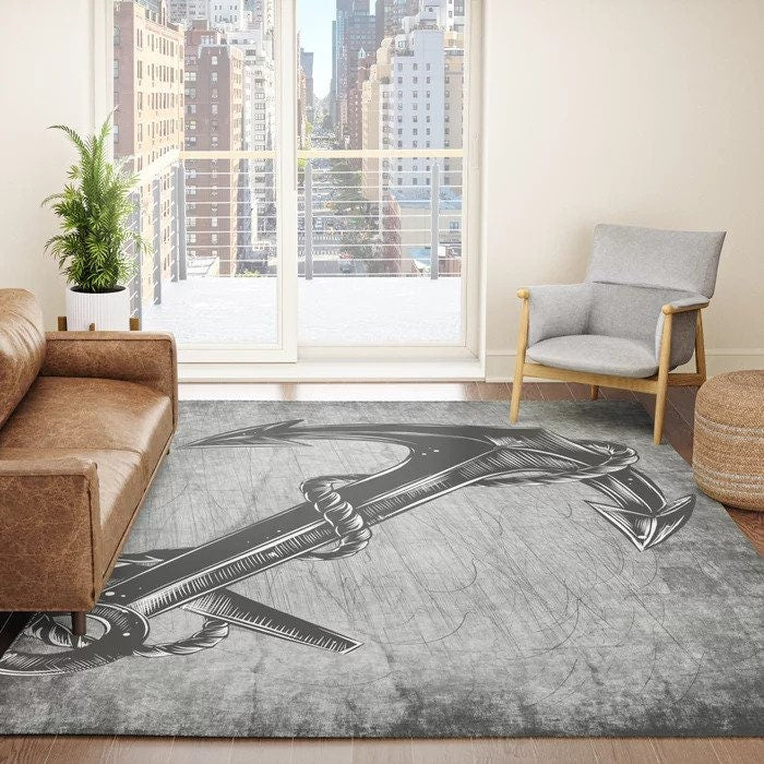Anchor Rug nautical Rug boaters Rugs grunge grey weathered Rugs 3x5 4x6 5x7 5x8 8x10 Large rug beach decor anchors rope boating