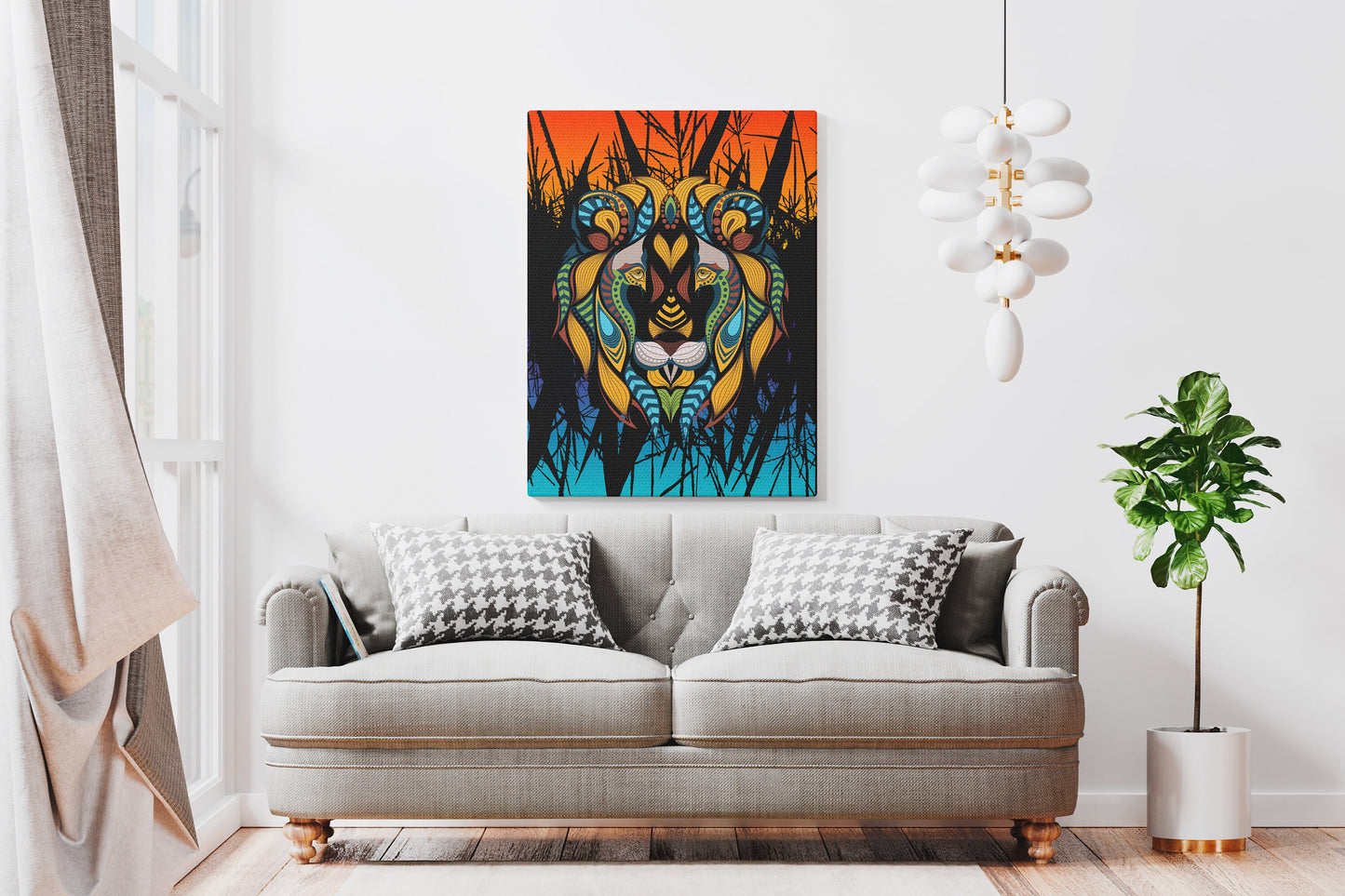 African Lion Art Canvas Wrap or Art print tribal artwork lions orange blue