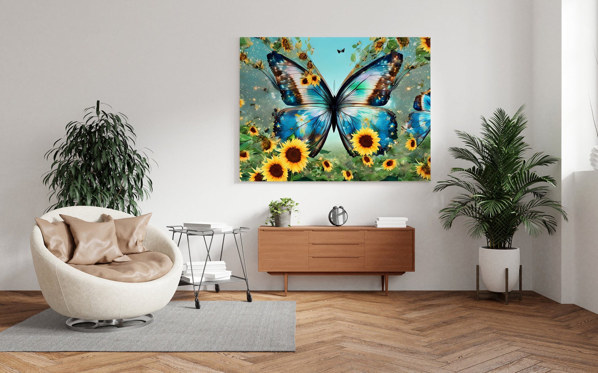 Butterfly Sunflower Canvas art blue butterflies yellow sunflowers artwork sunflower art butterfly art