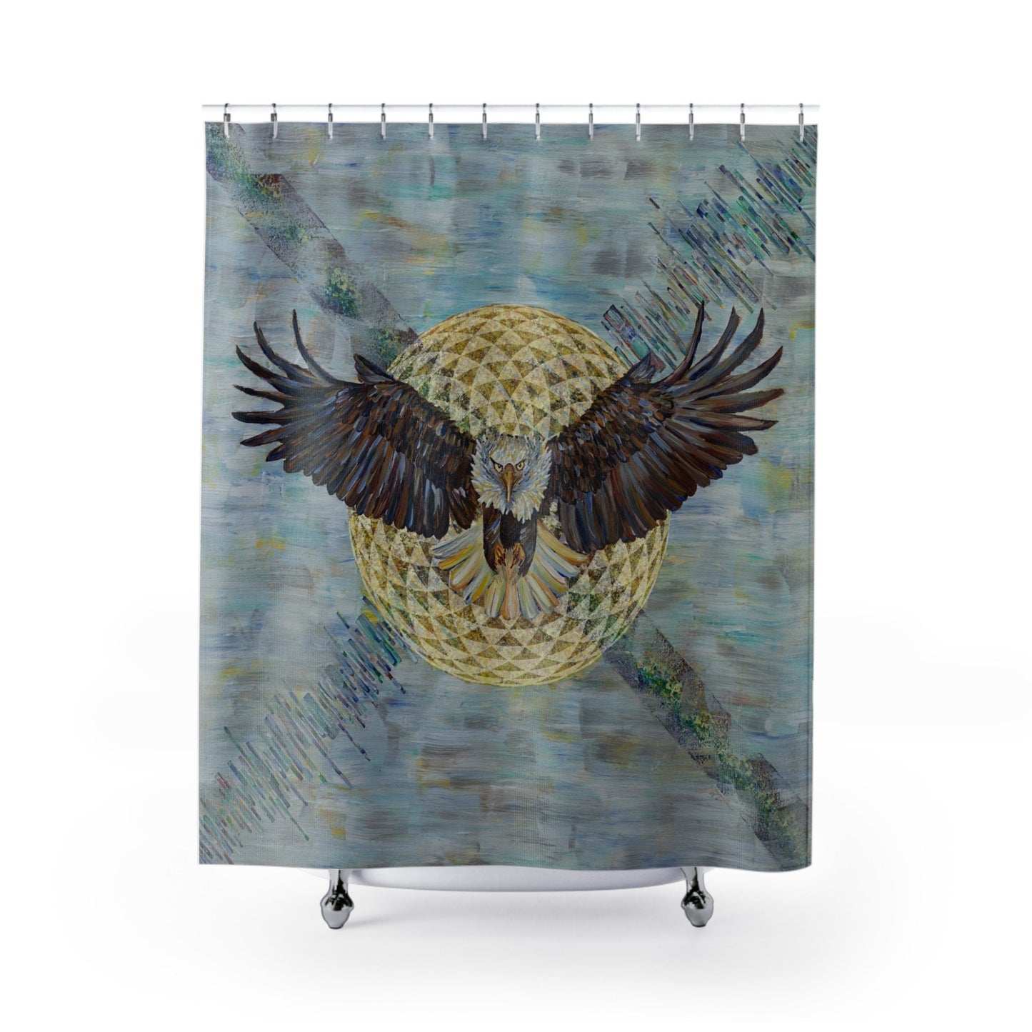Bald Eagle Shower Curtain & or Bath Mat sacred geometry torus seed abstract eagle art blue grey gold bird shower curtains