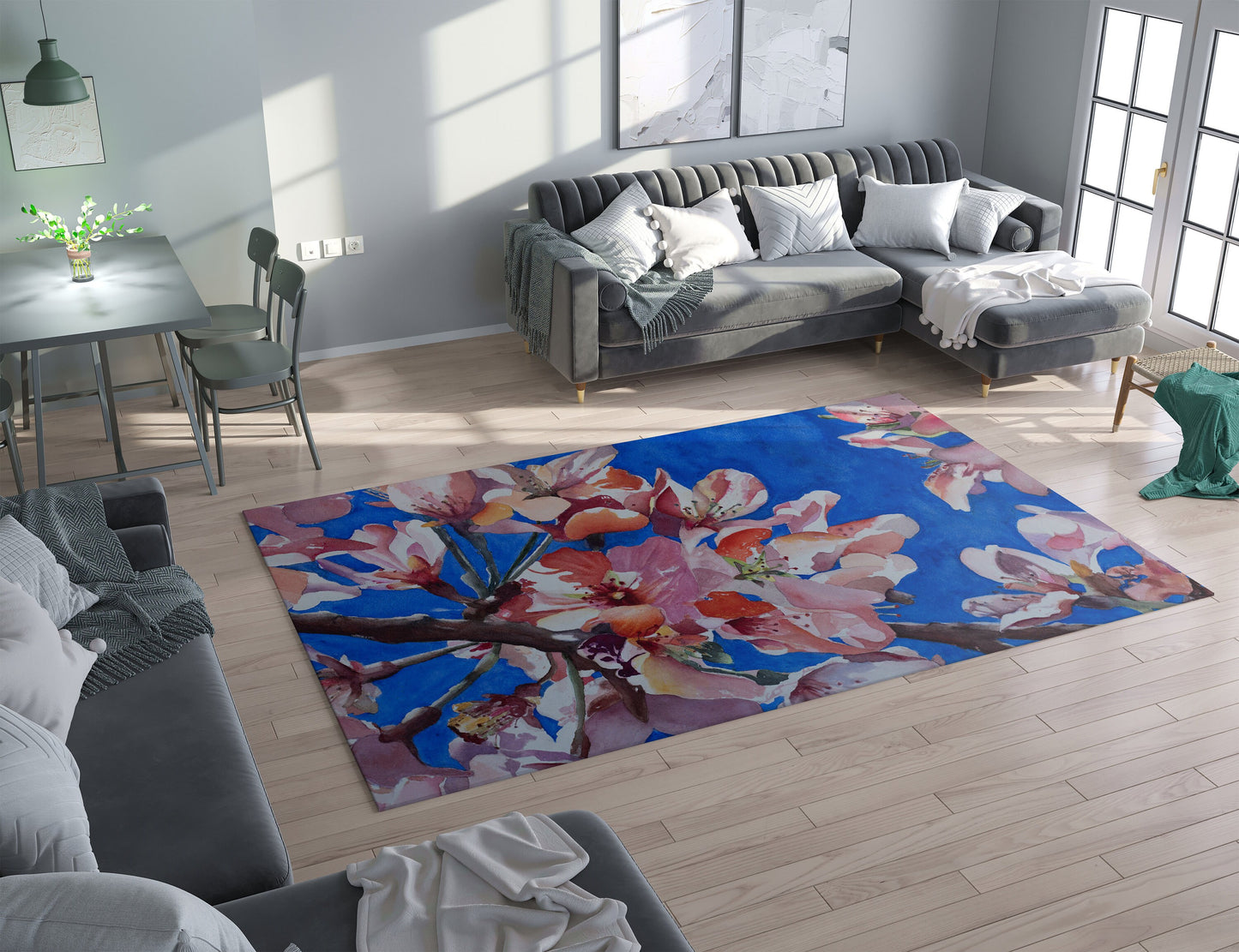 Floral Blue Pink Rug magnolia floral Rug botanical Rugs botanicals Floor Rug florals Rugs 3x5 4x6 5x7 5x8 8x10 9x12 Large rug