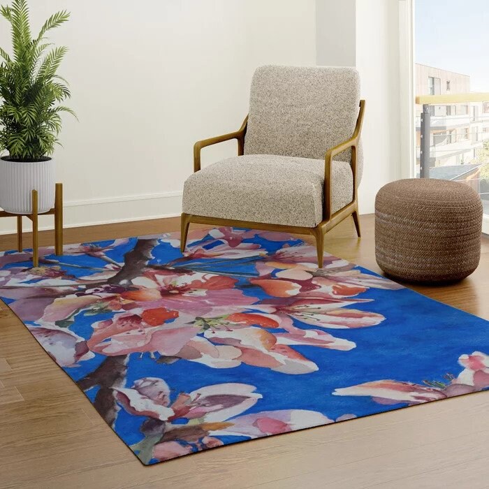 Floral Blue Pink Rug magnolia floral Rug botanical Rugs botanicals Floor Rug florals Rugs 3x5 4x6 5x7 5x8 8x10 9x12 Large rug