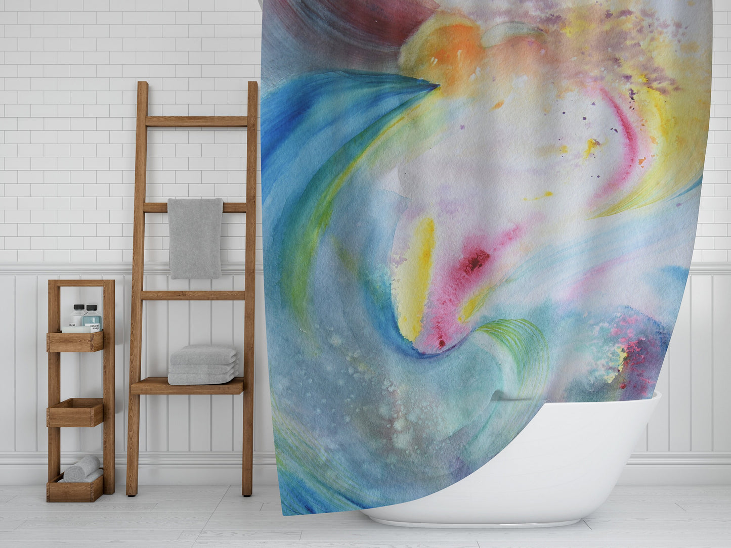 Abstract Watercolor shower curtain abstract art bathroom decor colorful shower curtain pink blue yellow green shower