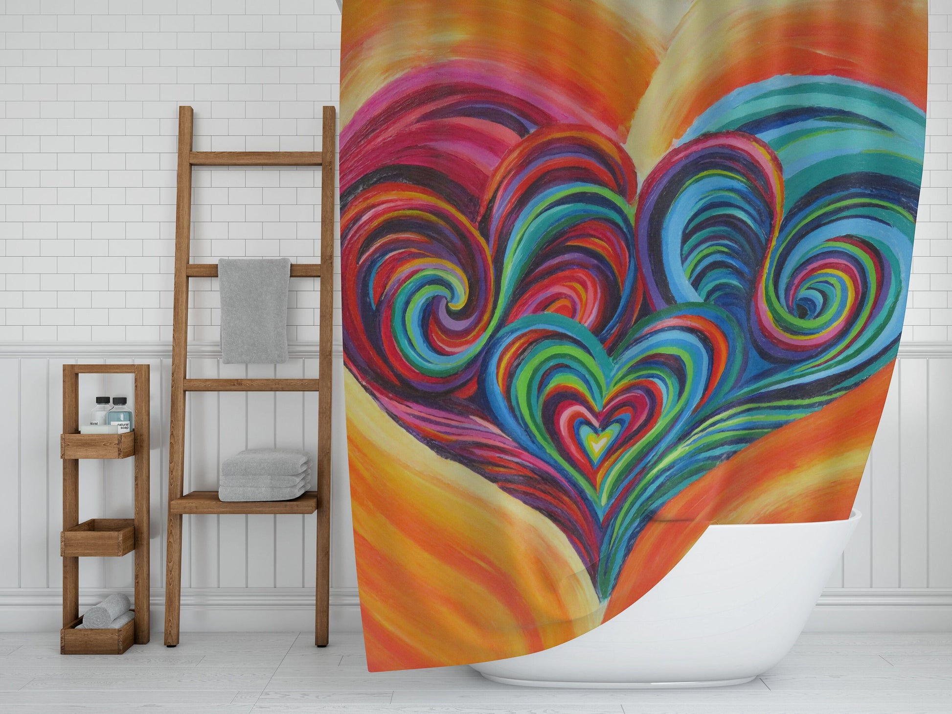 Hearts Shower Curtain colorful bath mat heart bathroom rainbow hippy art rugs cute shower curtain psychadelic swirly artwork unique gift