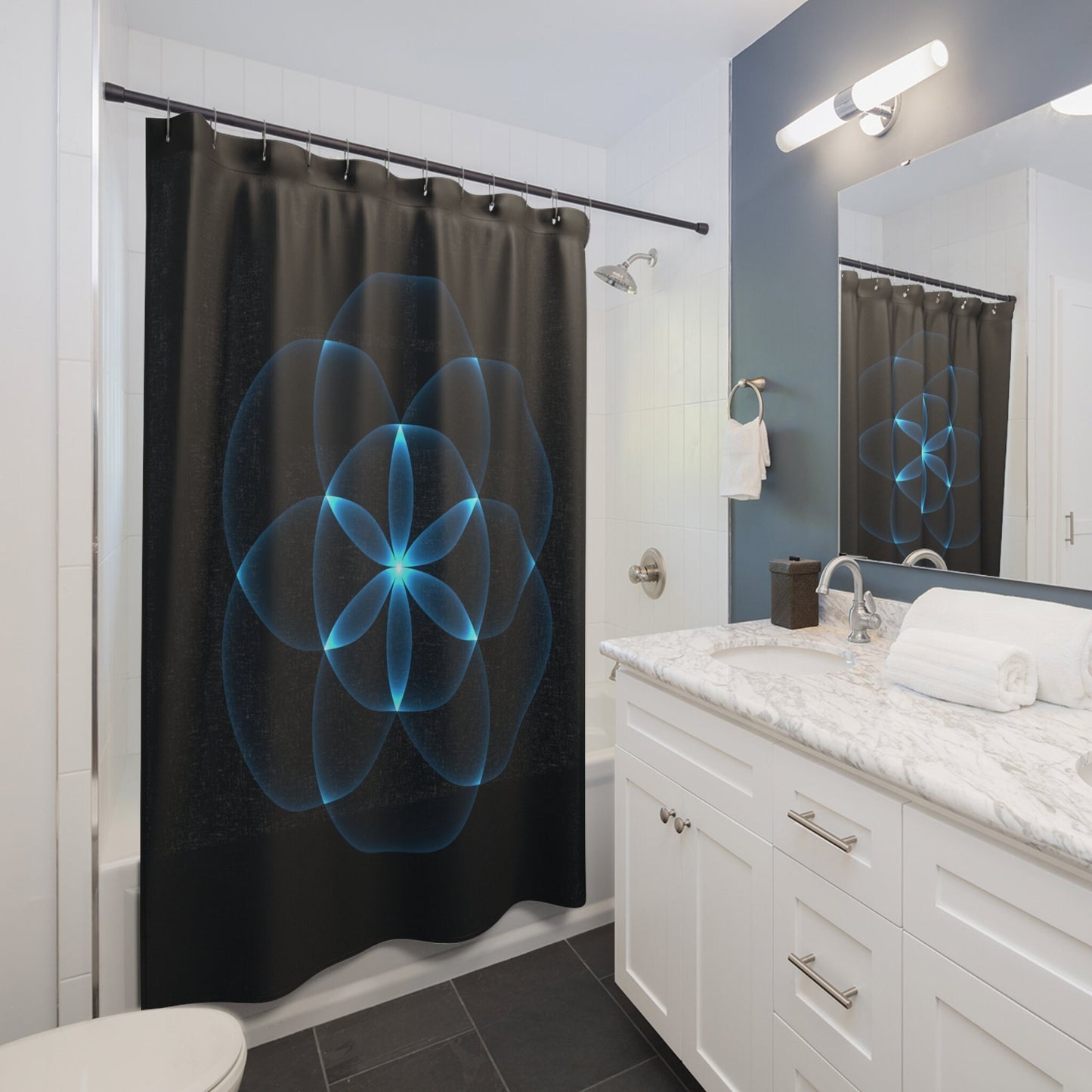 Flower of life Curtain sacred geometry shower curtains black shower curtain blue shower sacred geometry bath decor spiritual shower curtain