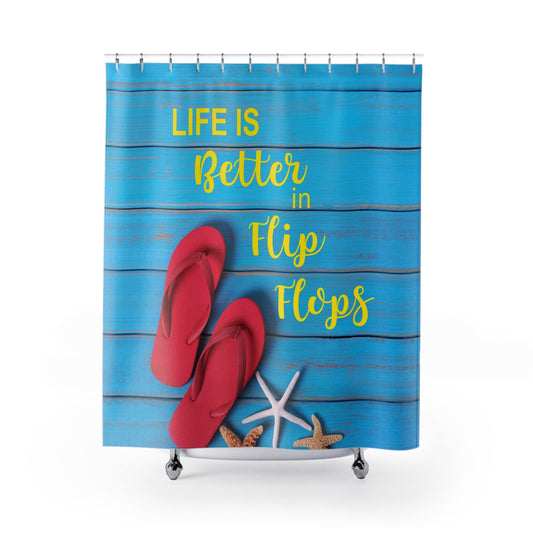 Life is better in Flip Flops Shower Curtain beach decor tropical shower curtain ocean blue yellow