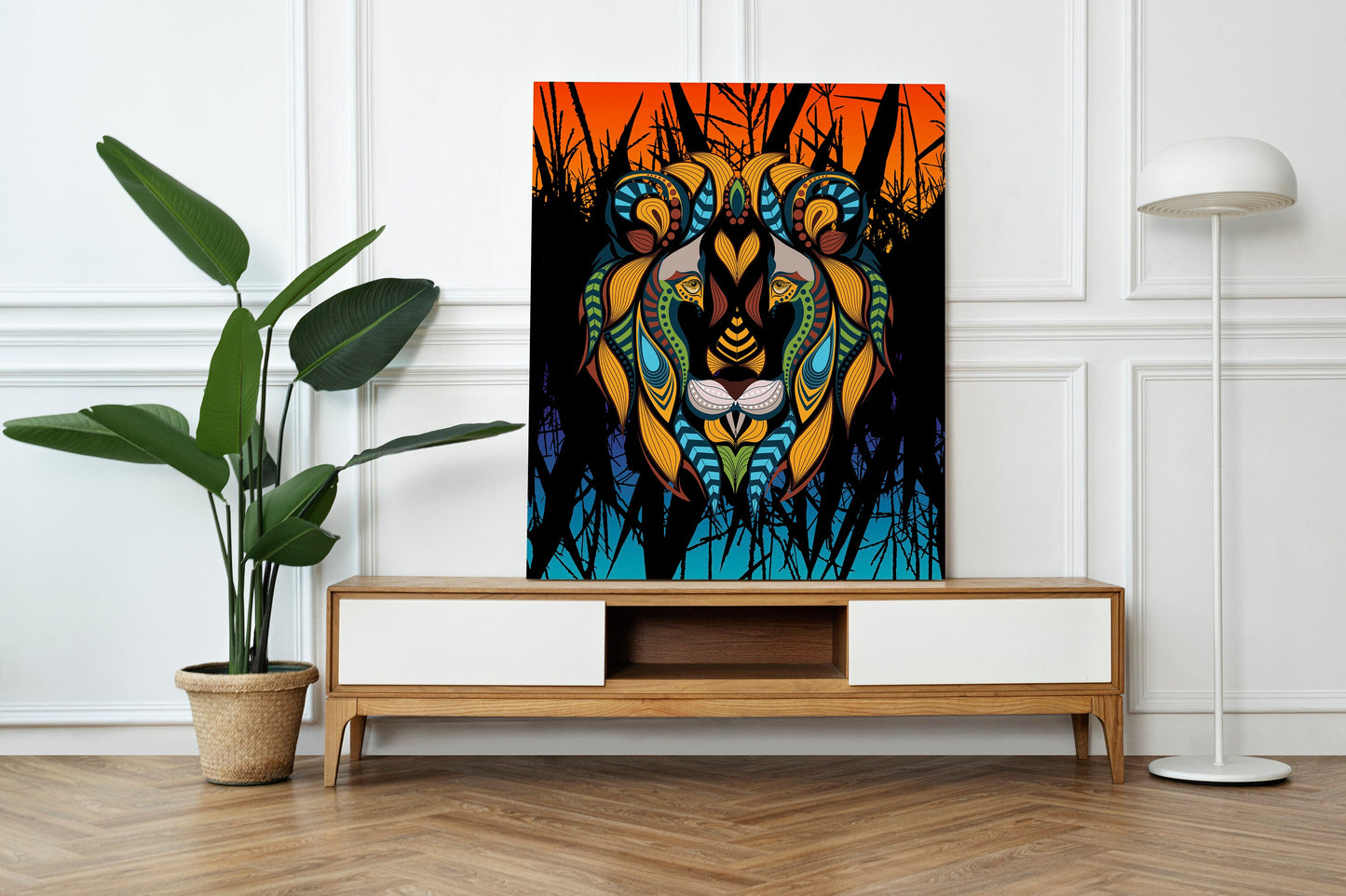 African Lion Art Canvas Wrap or Art print tribal artwork lions orange blue