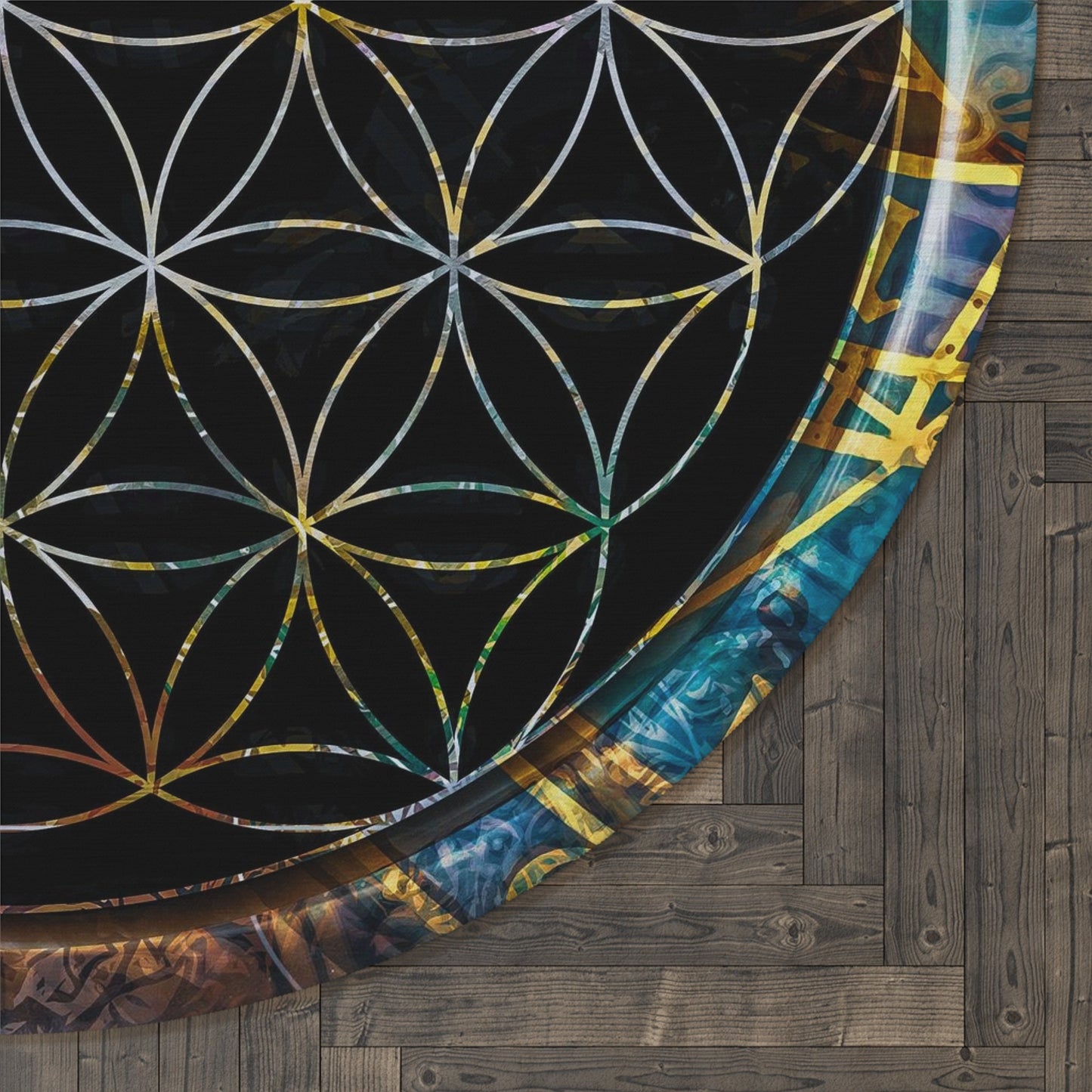 Sacred Geometry Round Rug 5ft diameter flower of life Rug spiritual Rug gold black Floor Rug 5' Round rugs sacred geometry decor