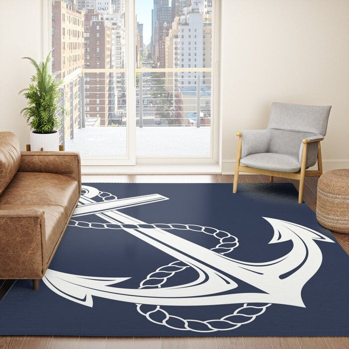 Anchor Rug nautical boaters Rugs navy white Floor Mat 3x5 4x6 5x7 8x10 ...
