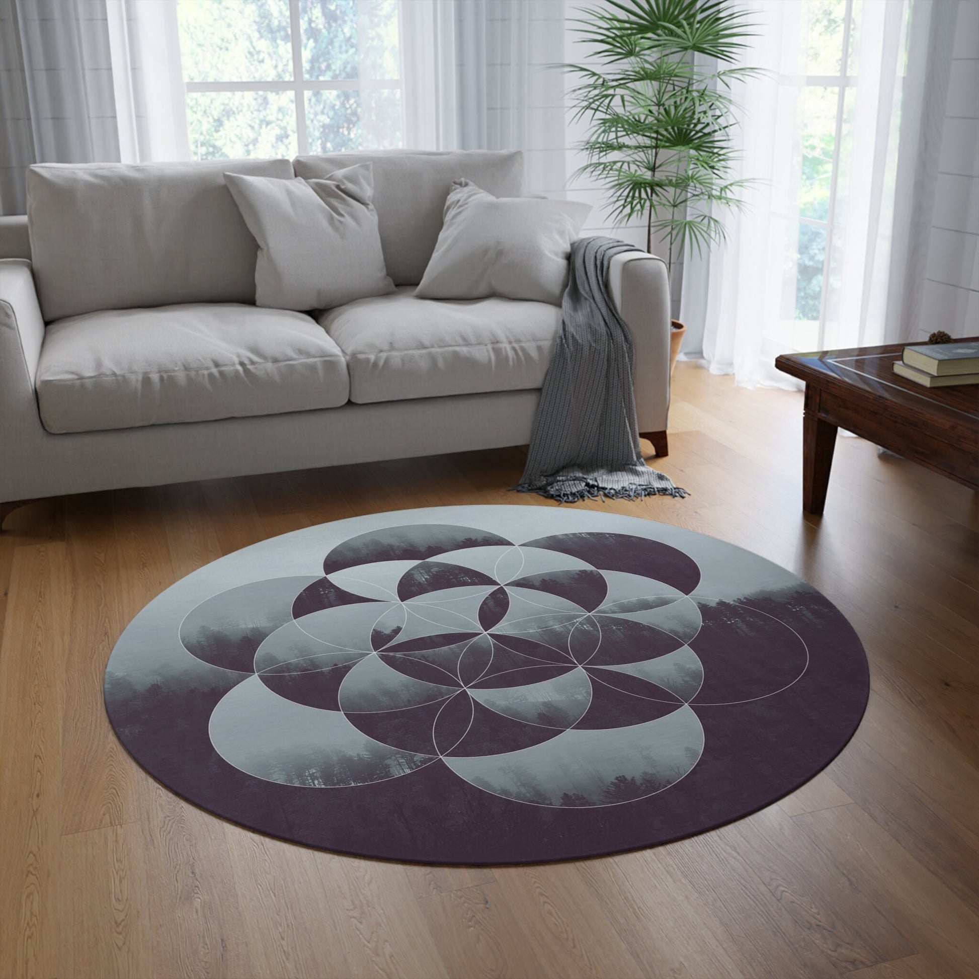 Sacred Geometry Rug Flower of life Rug Gray deep purple Rug Floor Rug 4x6 5x7 Large grey Round