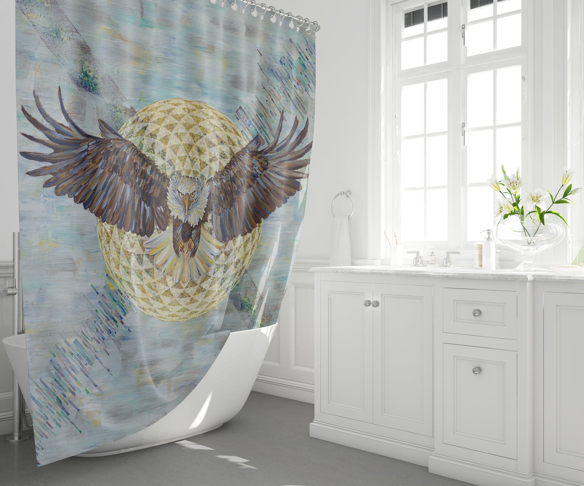 Bald Eagle Shower Curtain & or Bath Mat sacred geometry torus seed abstract eagle art blue grey gold bird shower curtains