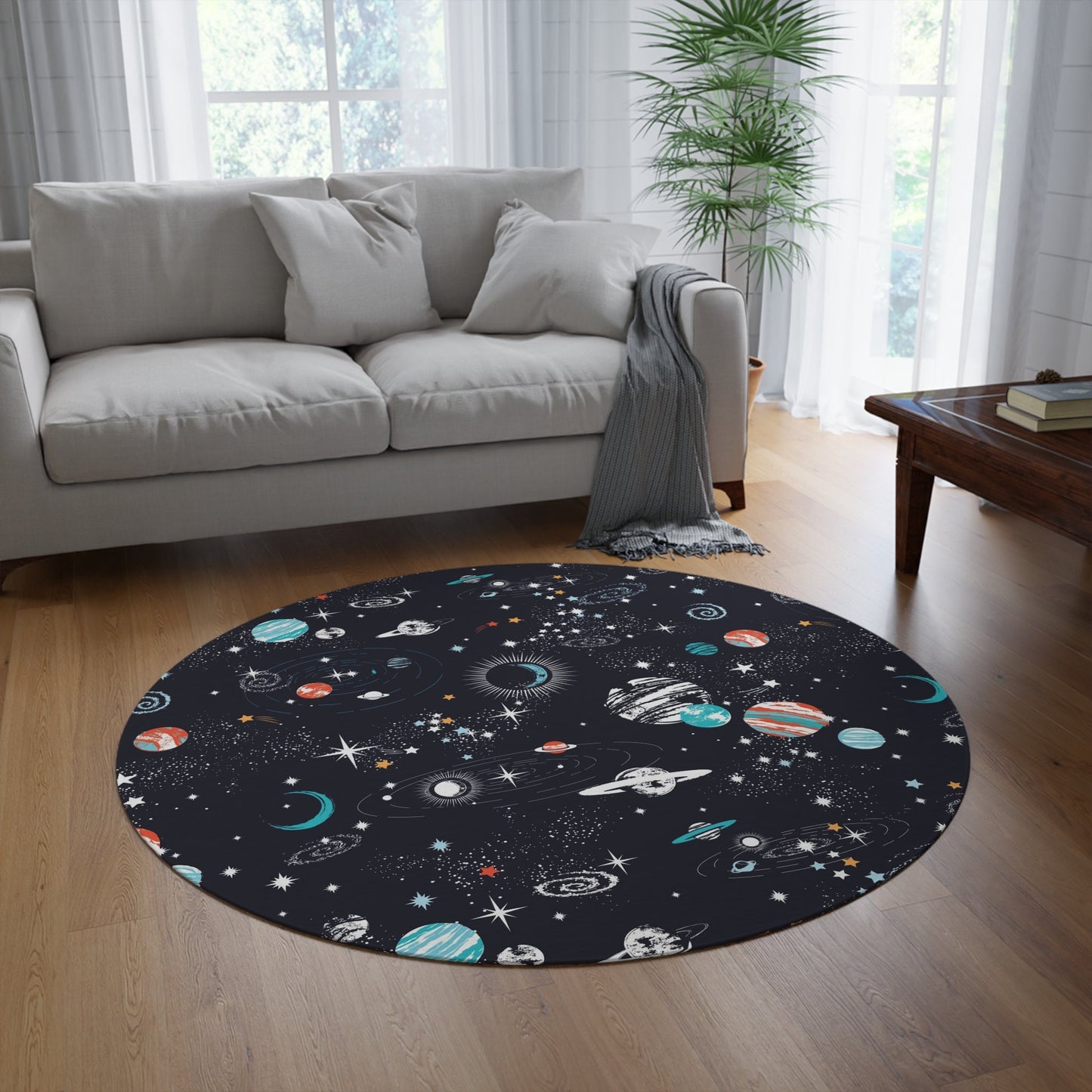 Space Galaxy Round Rug 5Ft blue orange space 5' Rug Girls Boys Rug kids Floor Rug space rugs galaxy rugs planets rug star constellations rug