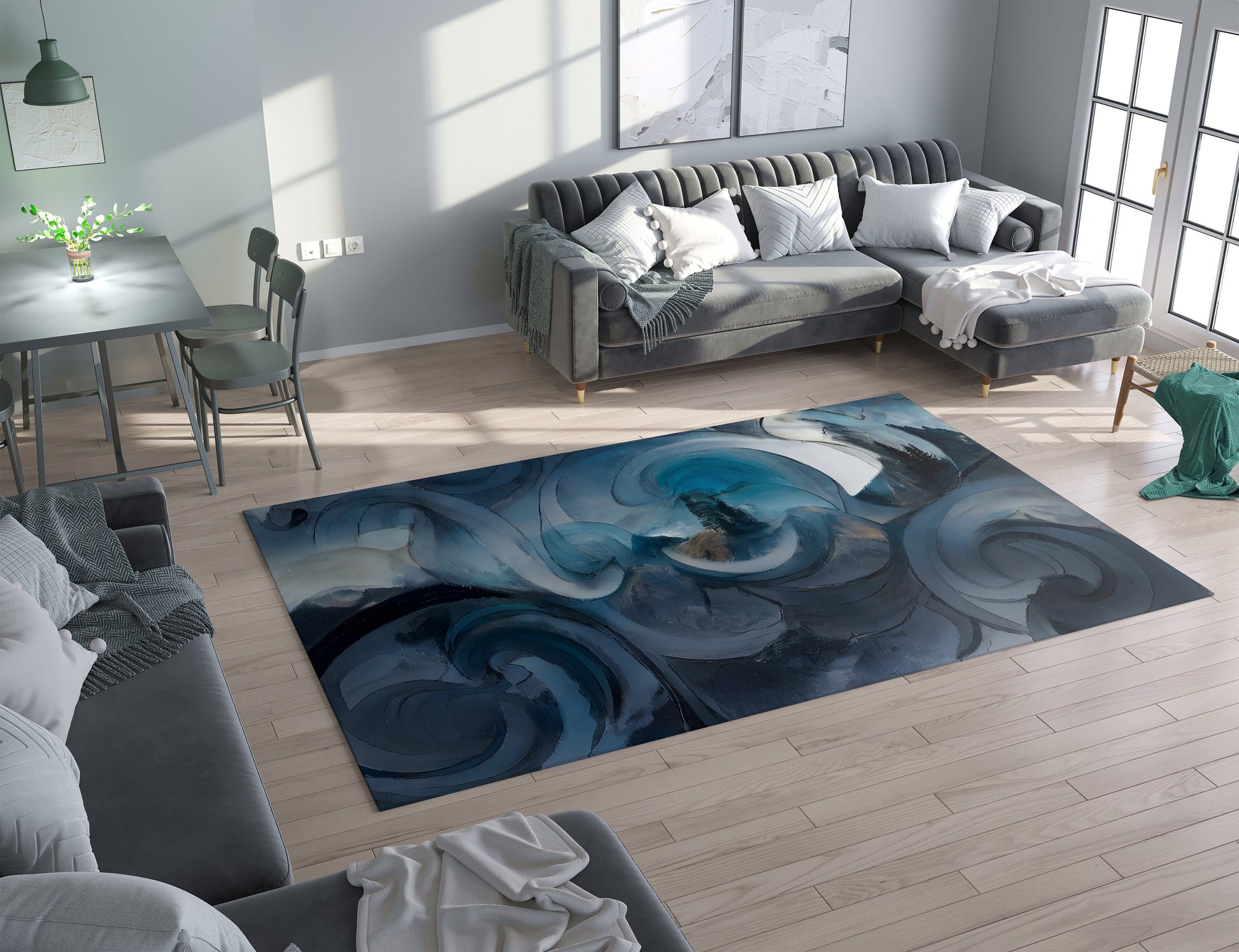 Abstract Art Rug Blue Rugs swirly unique Rugs 2x3 3x5 4x6 5x7 8x10 Large blue grey floormat