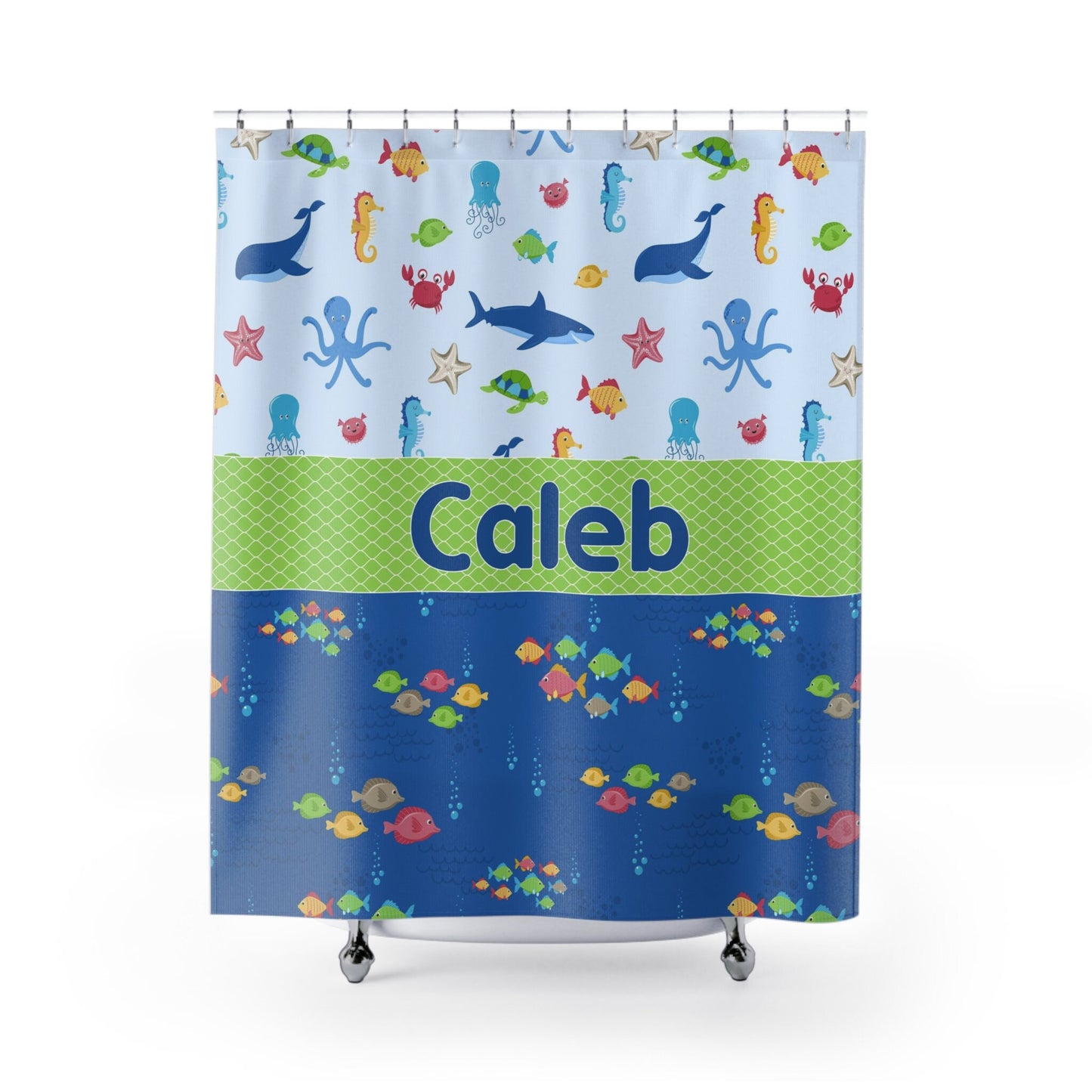Custom Kids Name Shower Curtain Personalized shower curtains customized ocean bathroom cute fish underwater blue green