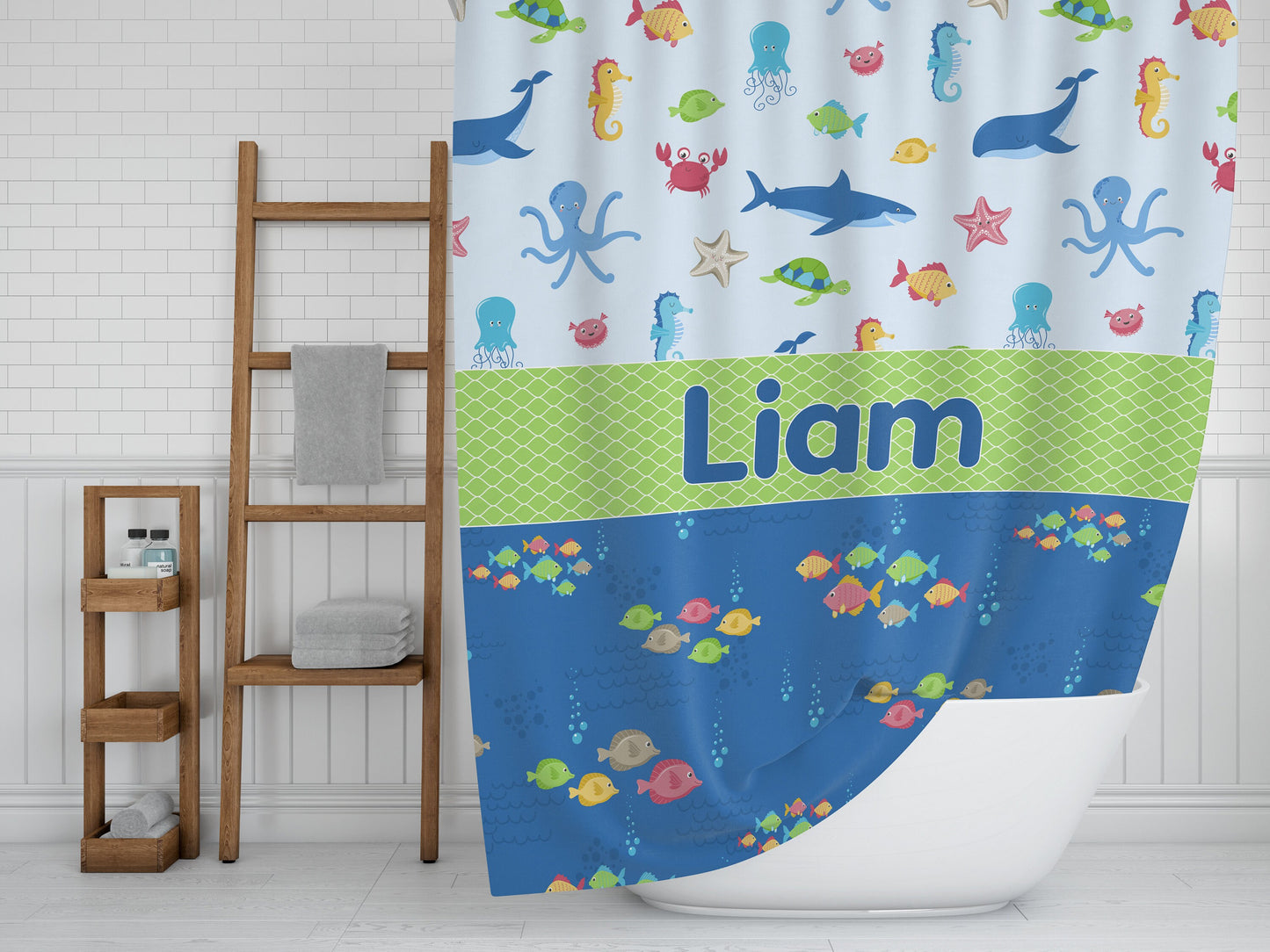 Custom Kids Name Shower Curtain Personalized shower curtains customized ocean bathroom cute fish underwater blue green