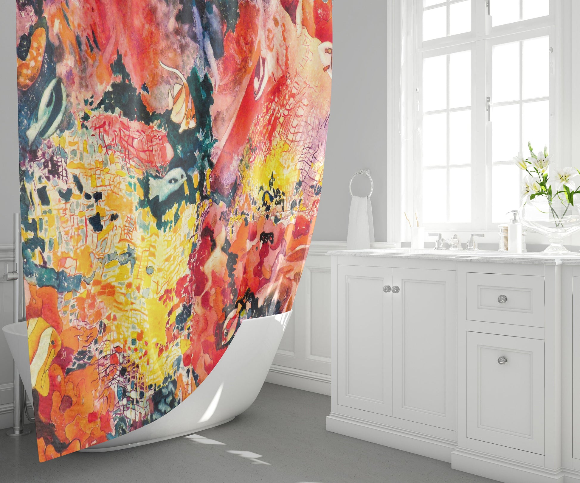Coral Reef Shower curtain orange shower curtain coral reef abstract art ocean decor fish shower curtain fishes red shower curtain unique