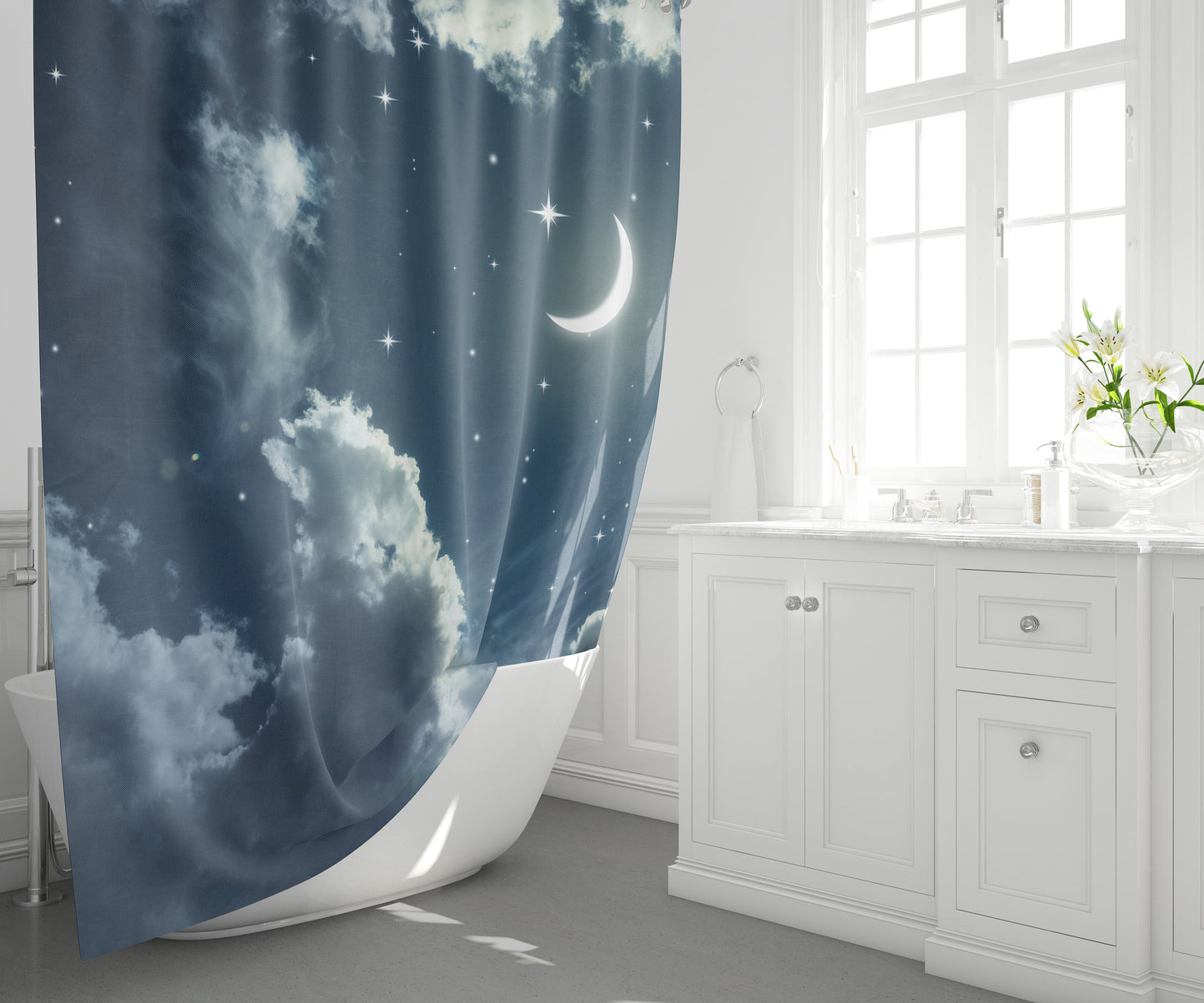 Nights sky shower curtain moon stars shower curtain clouds shower curtain moon decor dreamy shower curtain moon bath mat