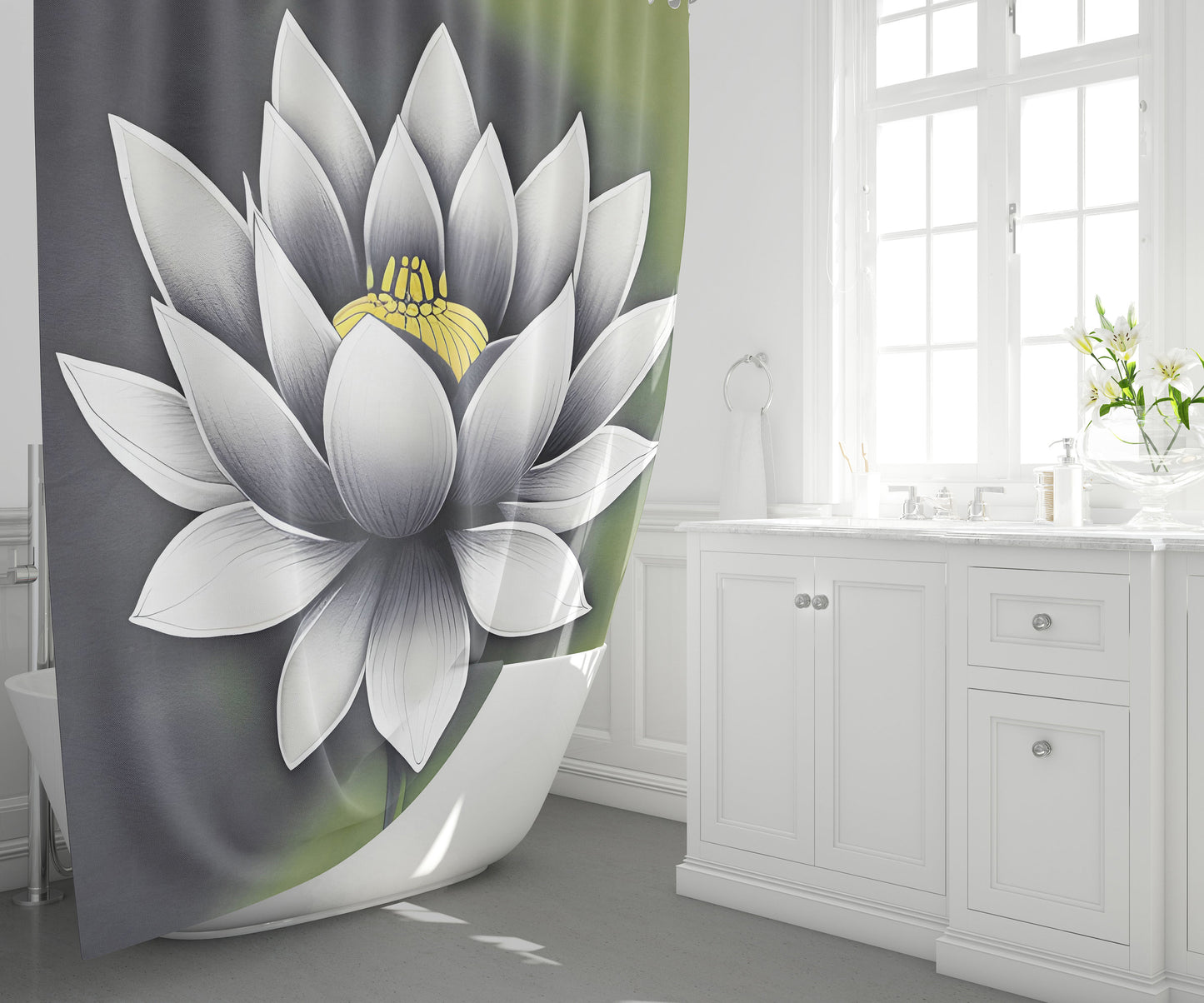 Lotus Shower Curtain green white flower bath mat lotus flower bathroom zen Sage Green bathroom