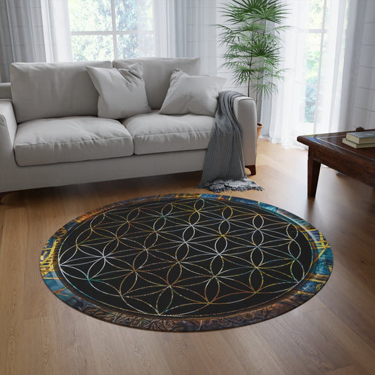 Sacred Geometry Round Rug 5ft diameter flower of life Rug spiritual Rug gold black Floor Rug 5' Round rugs sacred geometry decor