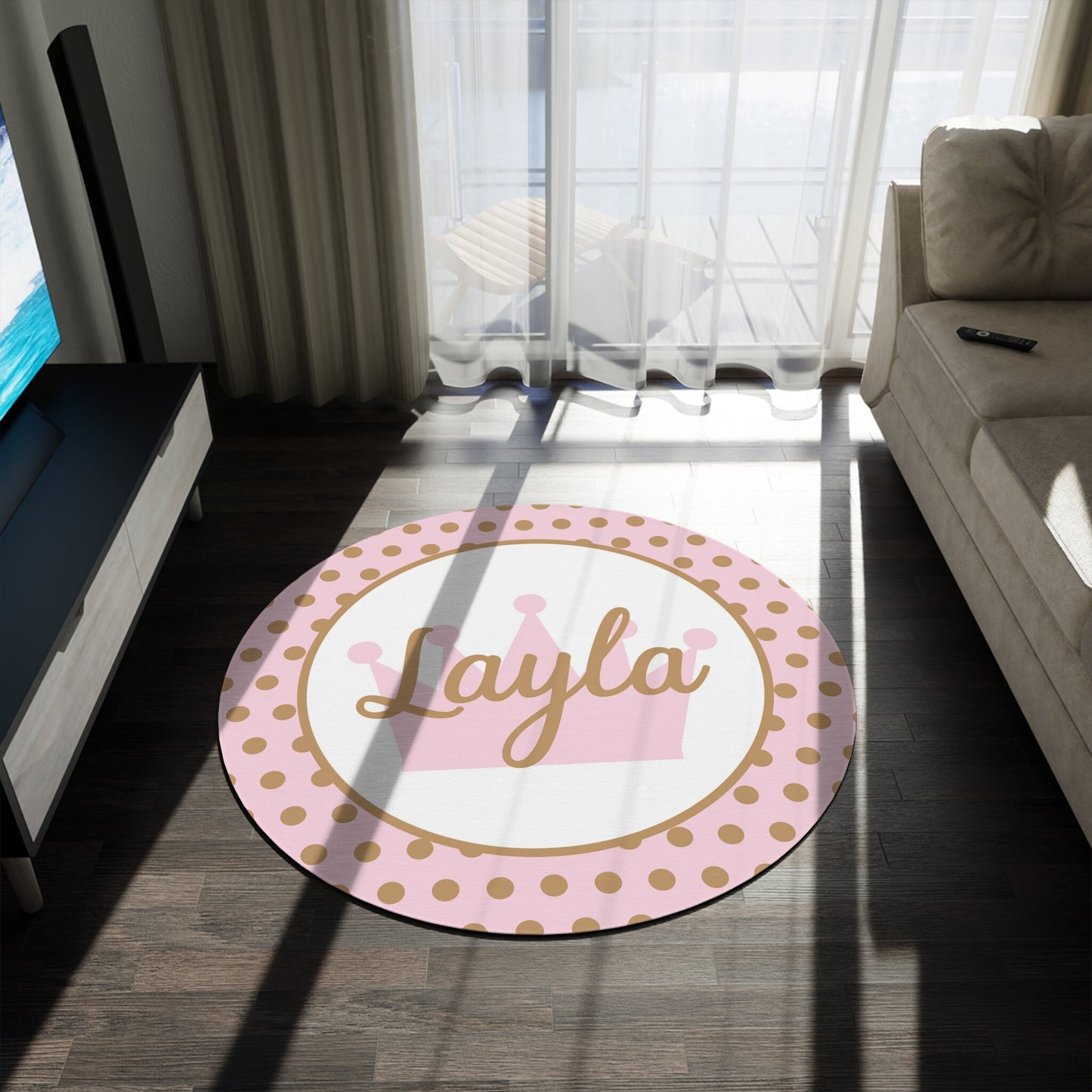Pink & Gold Polka Dot Round Rug 5ft custom Name rugs princess personalised rug personalized girls rug custom gift