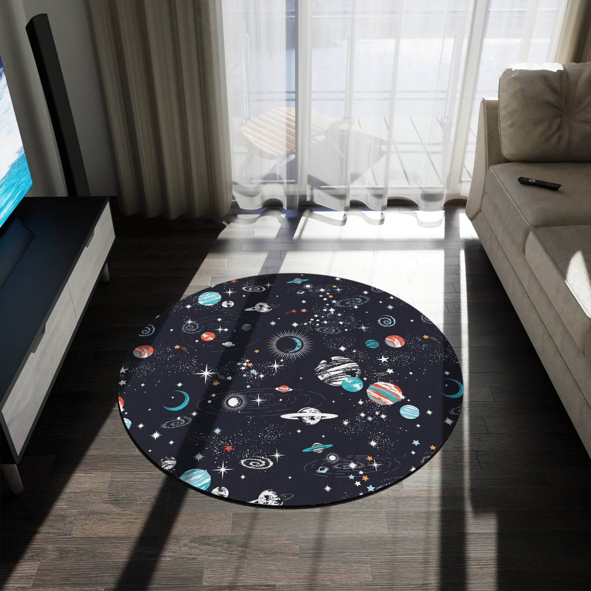 Space Galaxy Round Rug 5Ft blue orange space 5' Rug Girls Boys Rug kids Floor Rug space rugs galaxy rugs planets rug star constellations rug