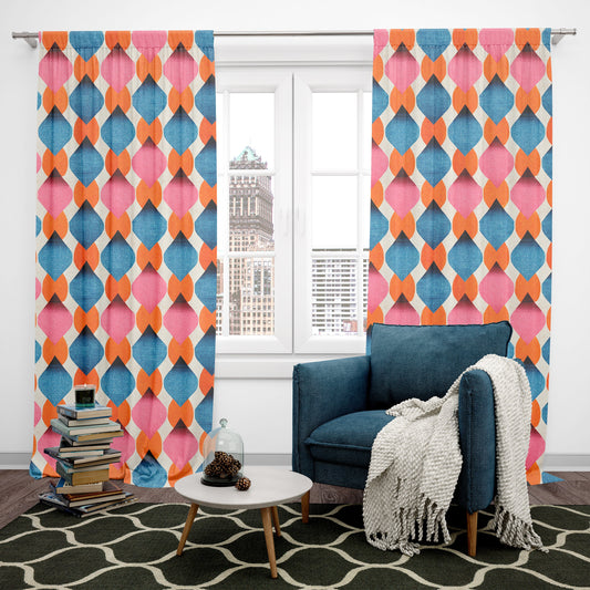Retro Pink Blue Orange Window Curtains colorful geometric Drapery mid century modern window treatment