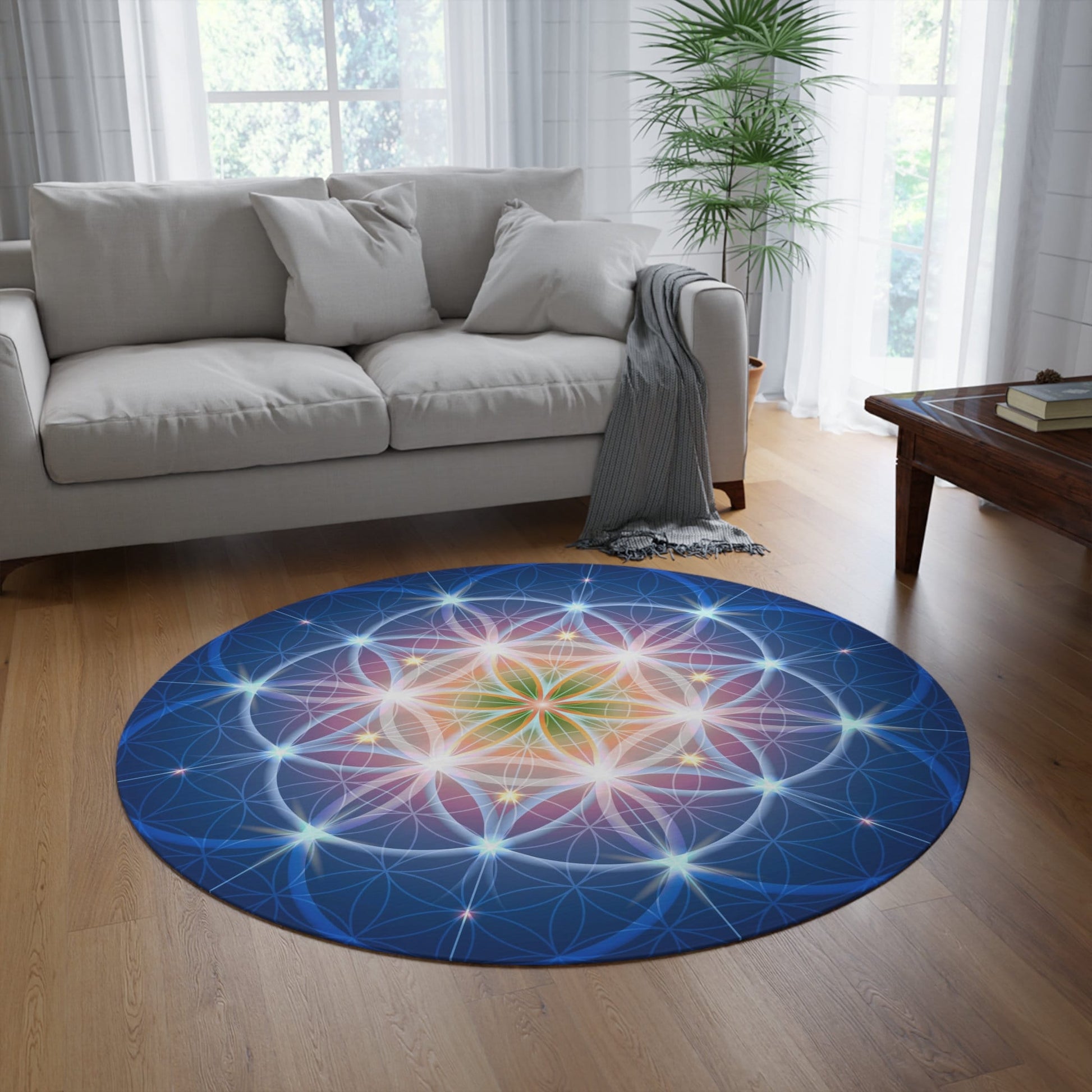 Blue Sacred Geometry Round Rug 5FT crystal grid spiritual Rug flower of life Floor Rug 5' Mat