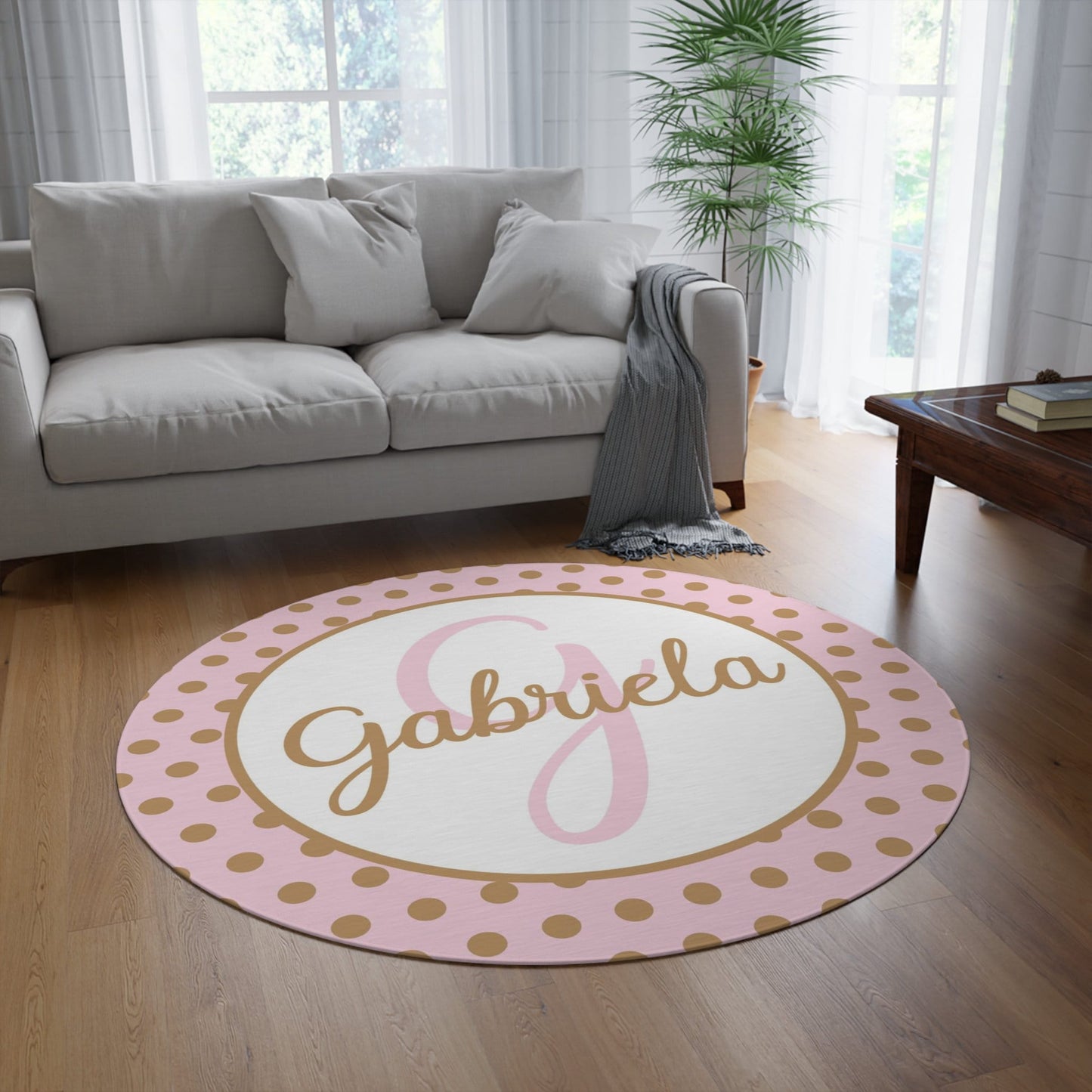 Pink gold Polka Dot Round 5FT Rug custom Name rugs letter personalised rug personalized girls rug custom gift rug custom area rugs