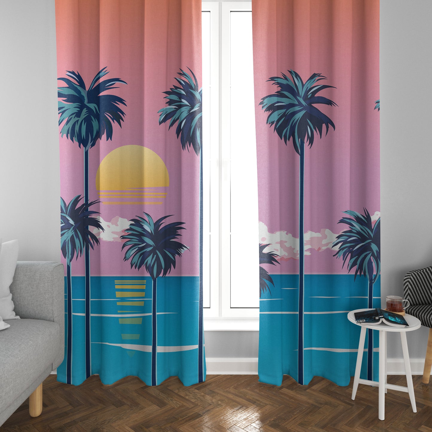 Ocean Palm Trees Window Curtains beach pink blue Drapery Curtain Panels water window treatment island curtain blue tropical curtains coastal