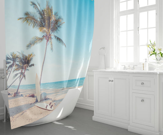 Surf Boards on Beach Shower Curtain surfboards shower curtains ocean shower curtain tropical shower curtains blue ocean
