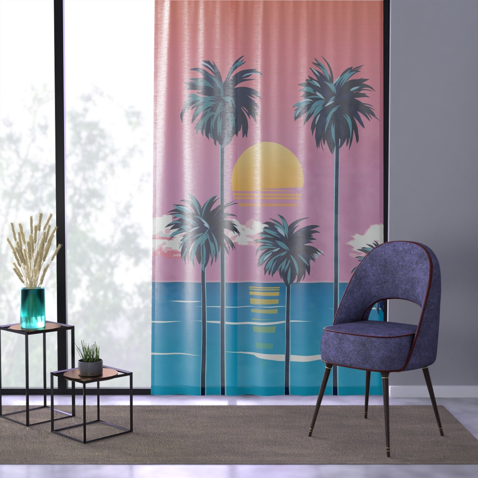 Ocean Palm Trees Window Curtains beach pink blue Drapery Curtain Panels water window treatment island curtain blue tropical curtains coastal