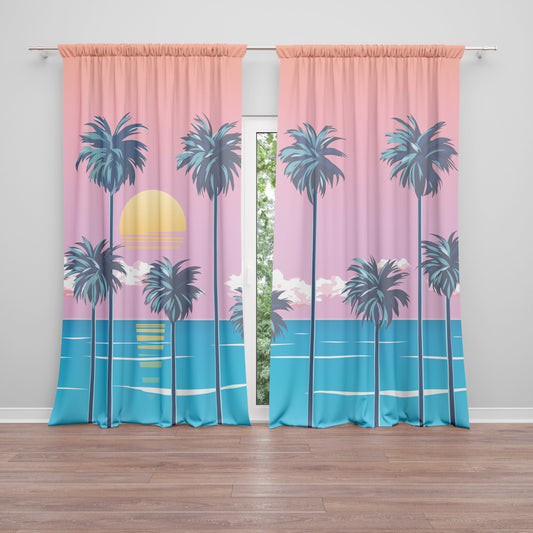 Ocean Palm Trees Window Curtains beach pink blue Drapery Curtain Panels water window treatment island curtain blue tropical curtains coastal