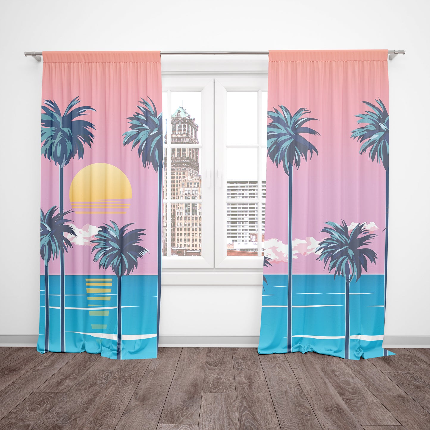 Ocean Palm Trees Window Curtains beach pink blue Drapery Curtain Panels water window treatment island curtain blue tropical curtains coastal