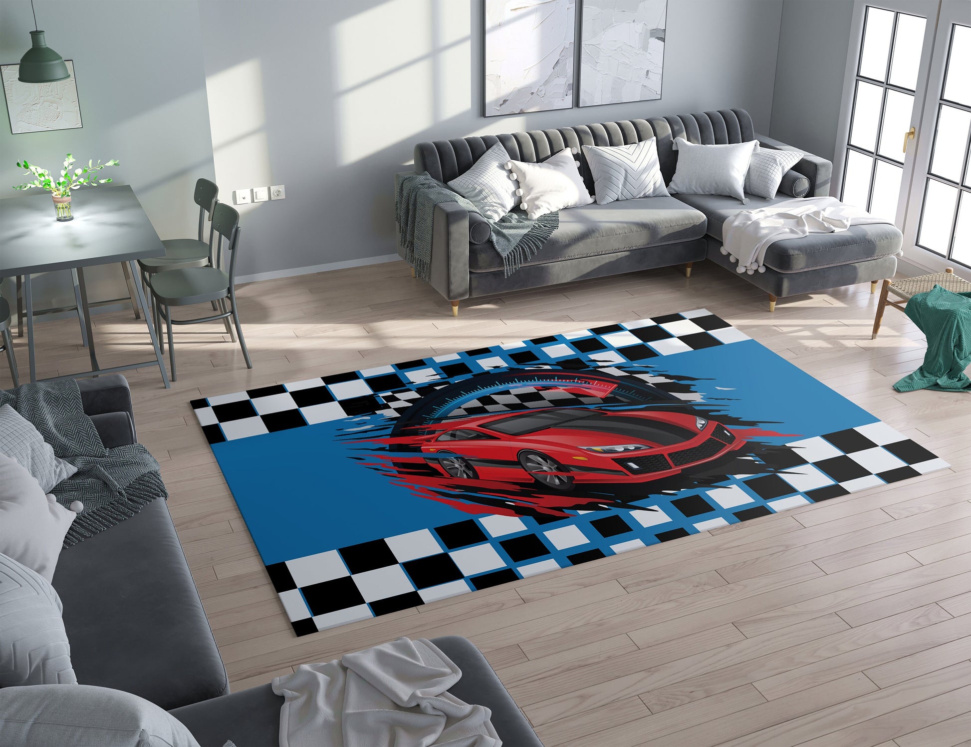 Race car Rug blue red cars racing Rugs 3x5 4x6 5x7 5x8 8x10