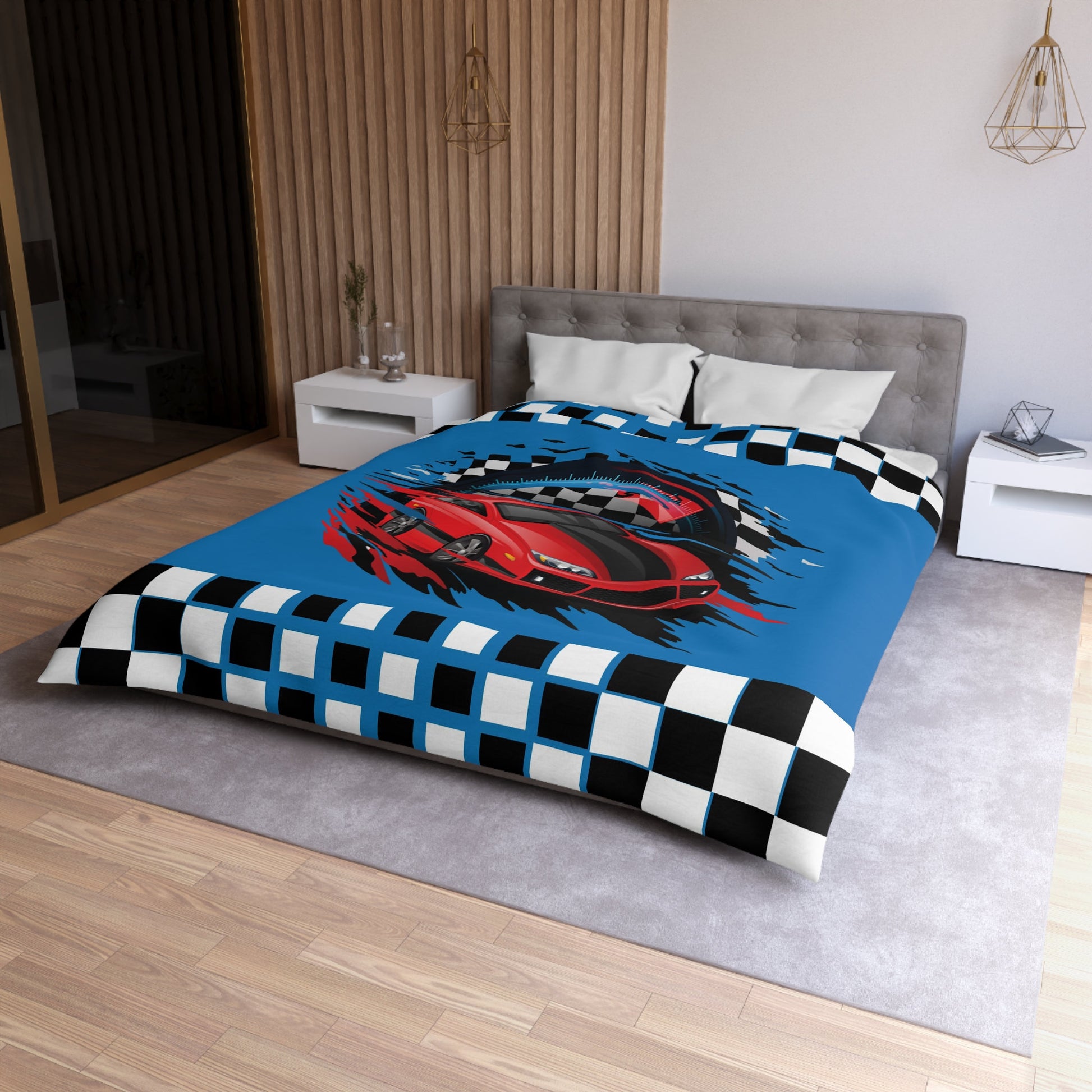 Car Racing Comforter or Duvet Cover kids bedding racetrack themed bedroom