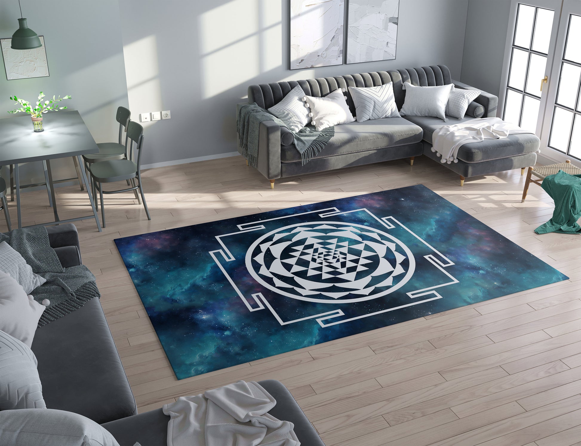 Sri Yantra Sacred Geometry Rug Galaxy Rug blue 2x3 3x5 4x6 5x7 8x10 large rugs