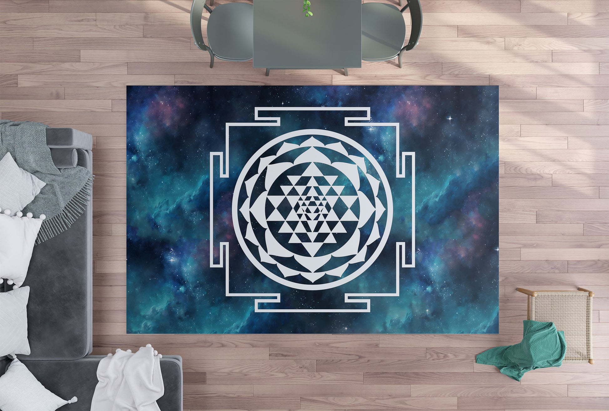 Sri Yantra Sacred Geometry Rug Galaxy Rug blue 2x3 3x5 4x6 5x7 8x10 large rugs