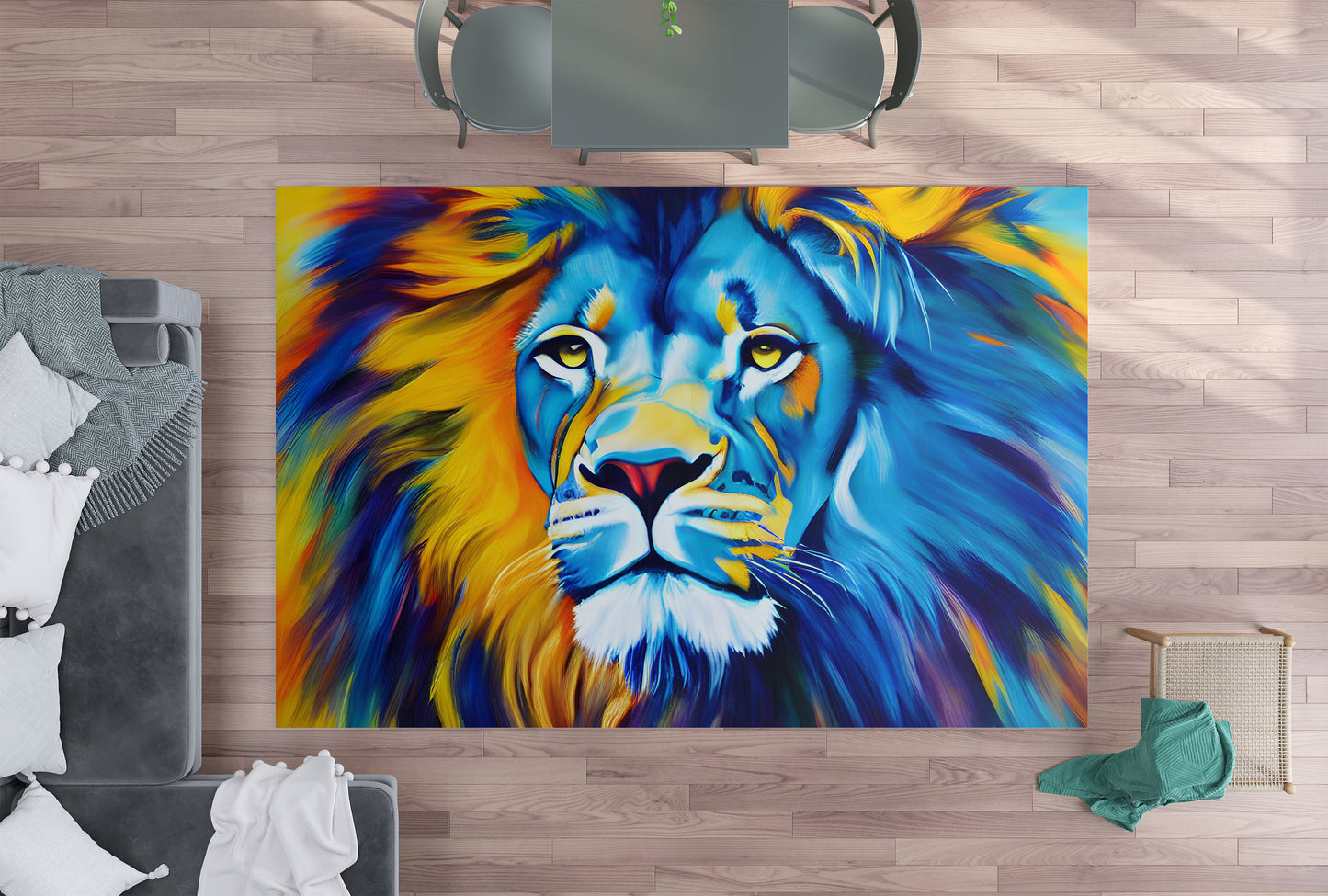 Lion Rug blue yellow 2x3 3x5 4x6 5x7 8x10 large rugs lions