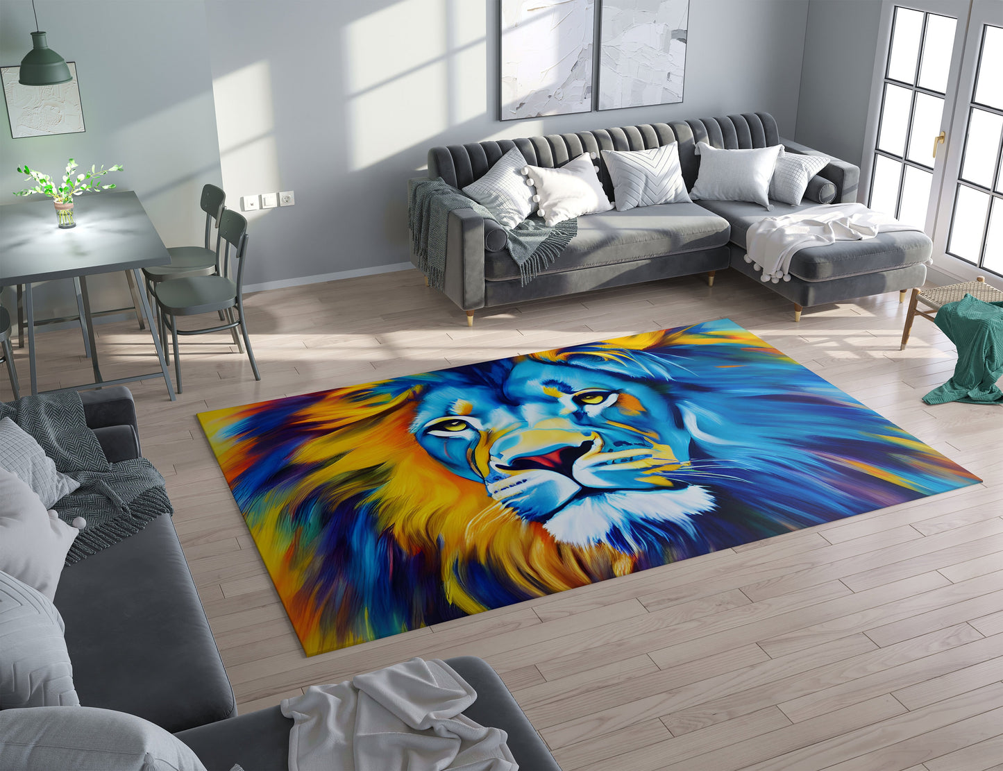 Lion Rug blue yellow 2x3 3x5 4x6 5x7 8x10 large rugs lions